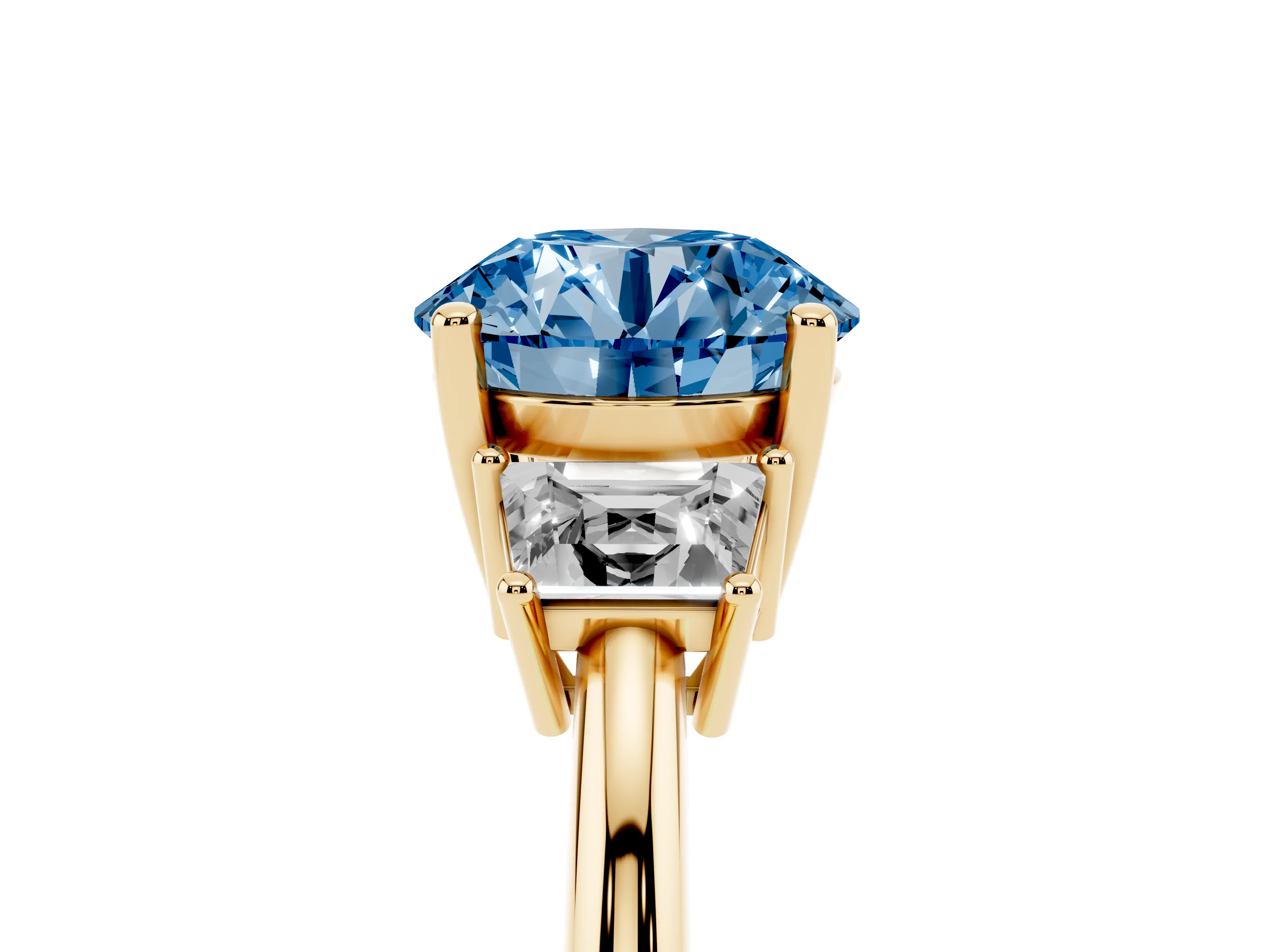 Fancy Blue Round Cut Diamond Three-Stone Ring Set in Yellow gold with Trapezoid Side Stones and Prong Setting