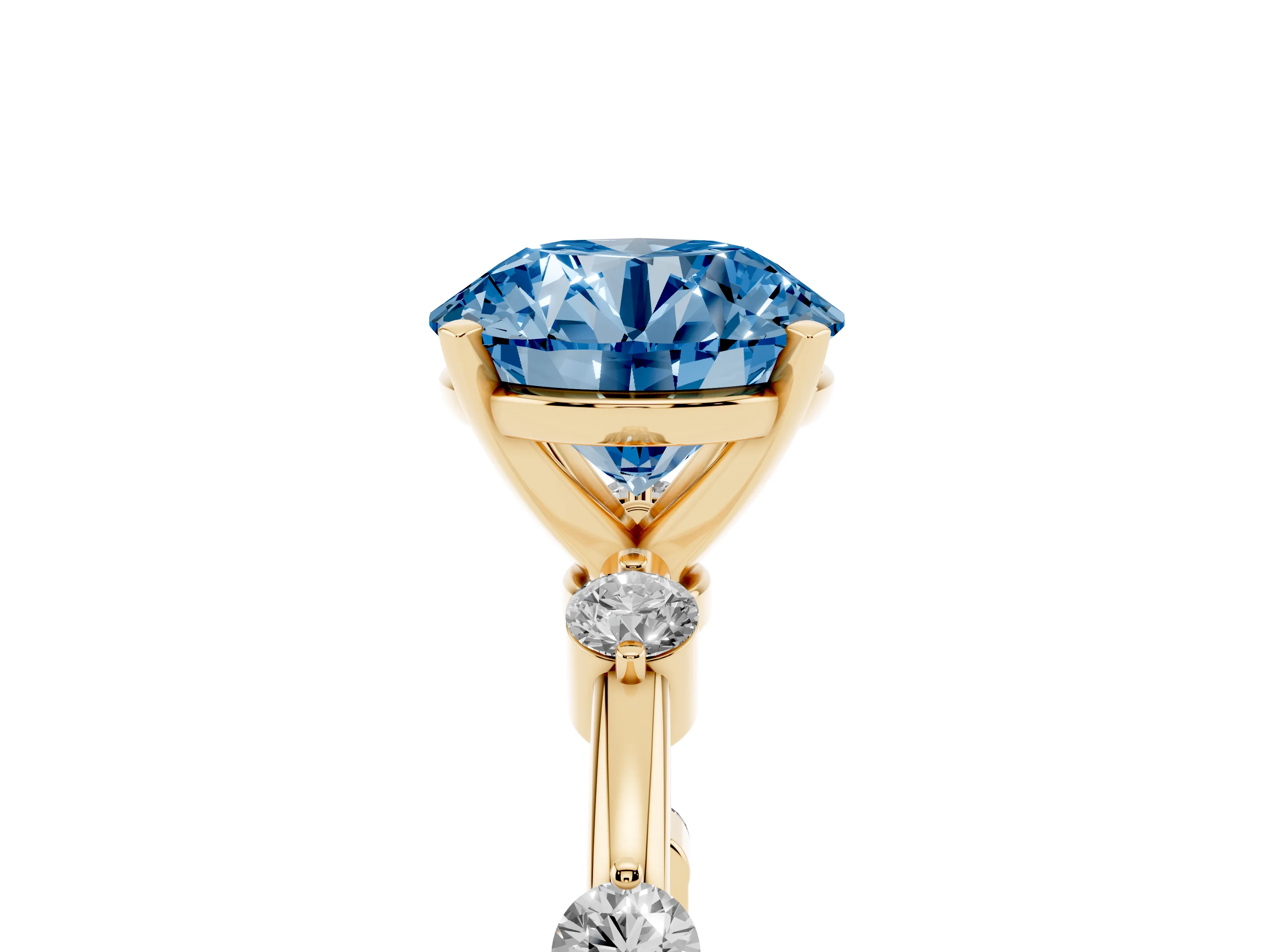 Fancy Blue Round Cut Diamond Solitaire Ring Set in Yellow gold with Bezel Set Side Stones and Prong Setting