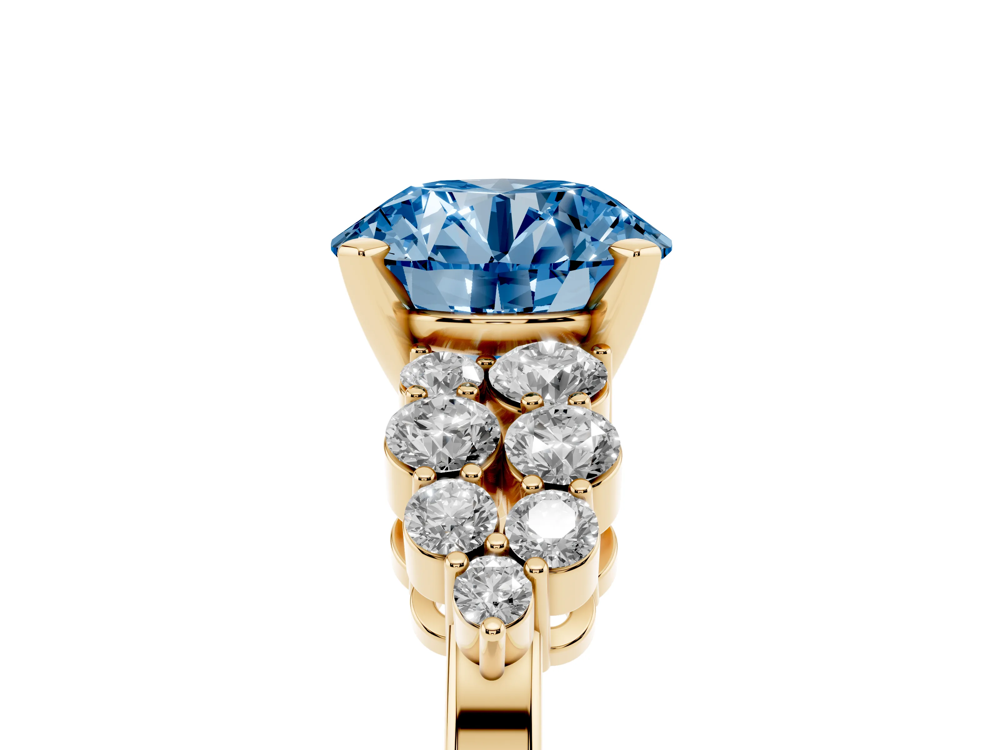 Fancy Blue Round Cut Diamond Cluster Engagement Ring Set in Yellow gold with Pavé Band and Prong Setting