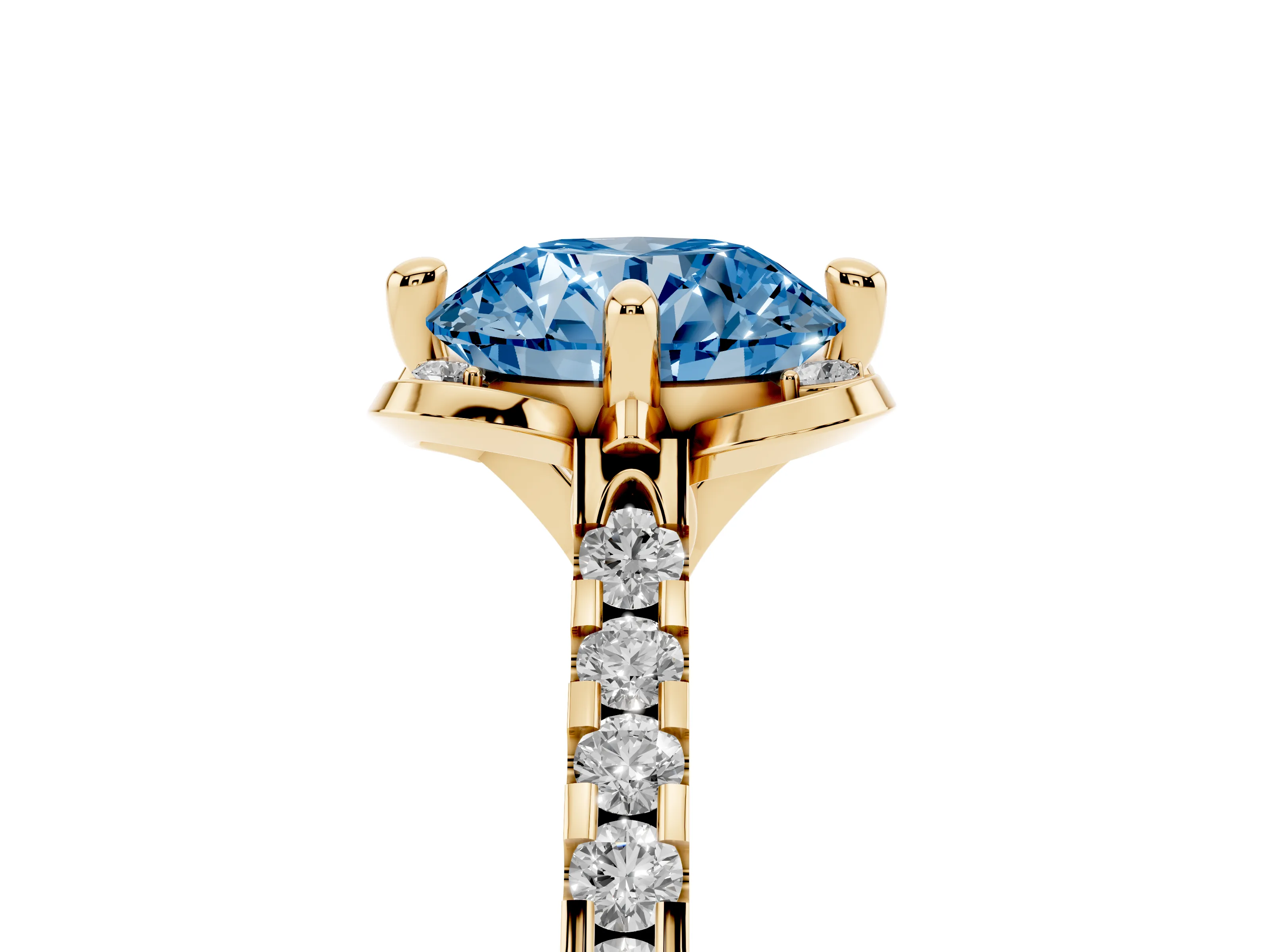 Fancy Blue Round Cut Diamond Solitaire Ring Set in Yellow gold with Pavé Band and Floral Prong Setting