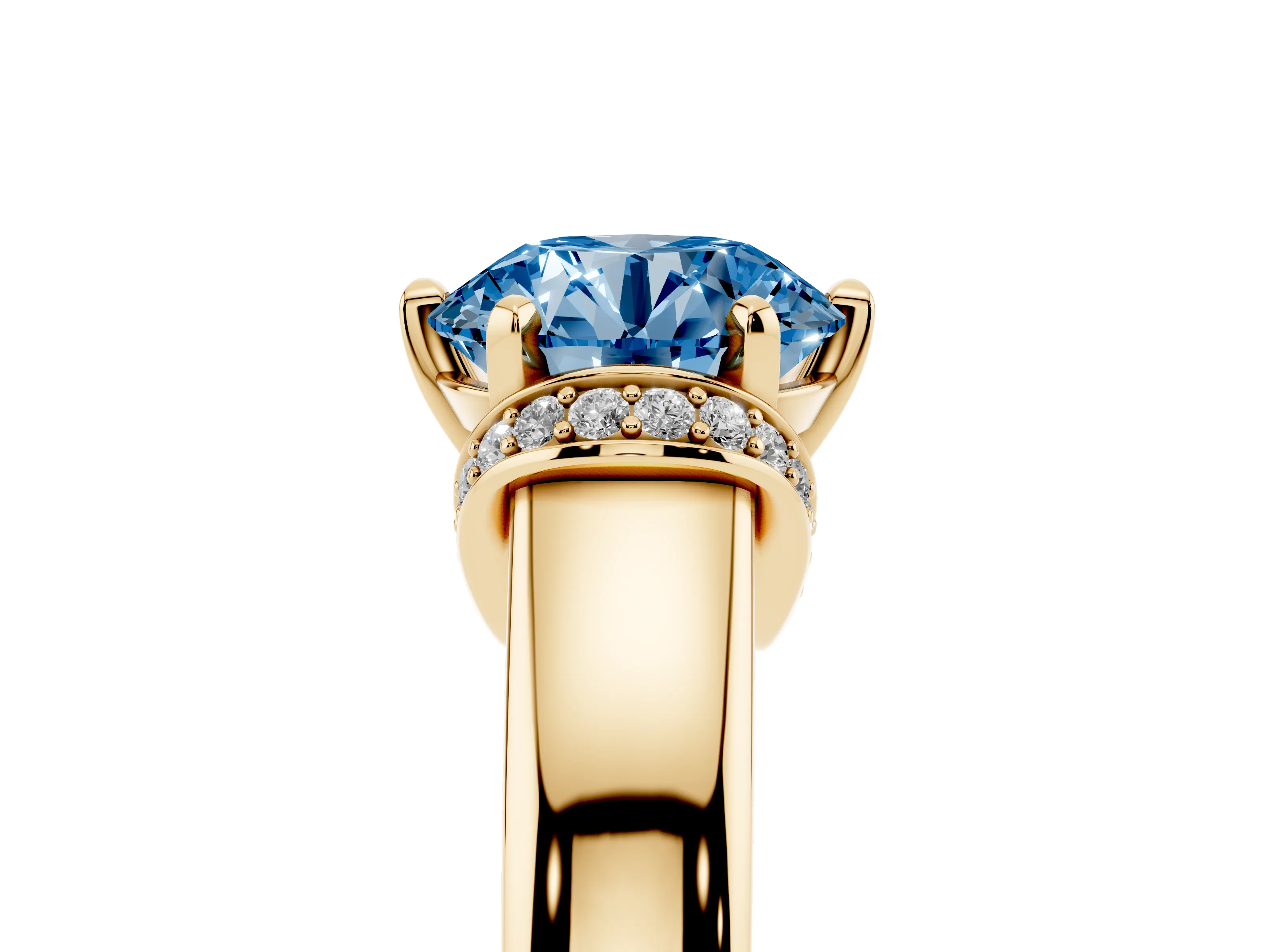 Fancy Blue Round Cut Diamond Pavé Band Solitaire Ring Set in Yellow gold with Prong Setting