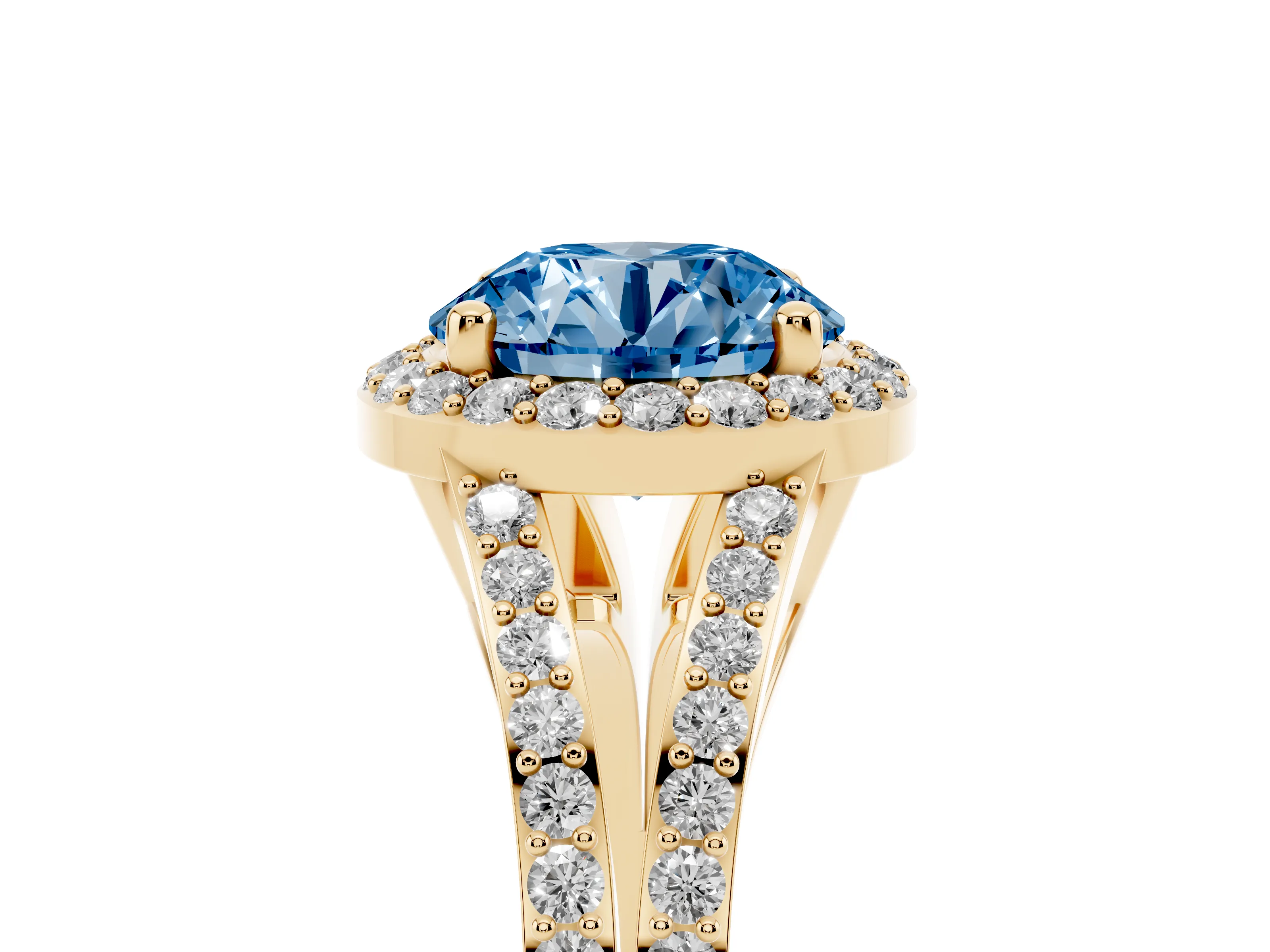 Fancy Blue Round Cut Diamond Halo Split Shank Pavé Ring Set in Yellow gold with Prong Setting