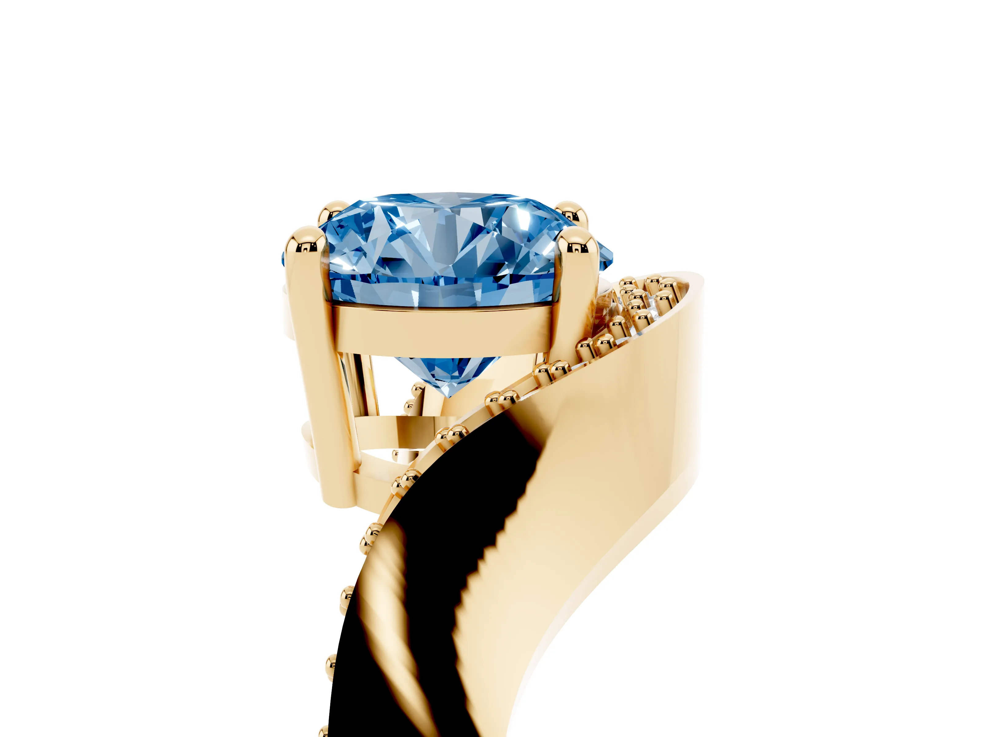 Fancy Blue Round Cut Diamond Solitaire Engagement Ring Set in Yellow gold with Pavé Shoulders