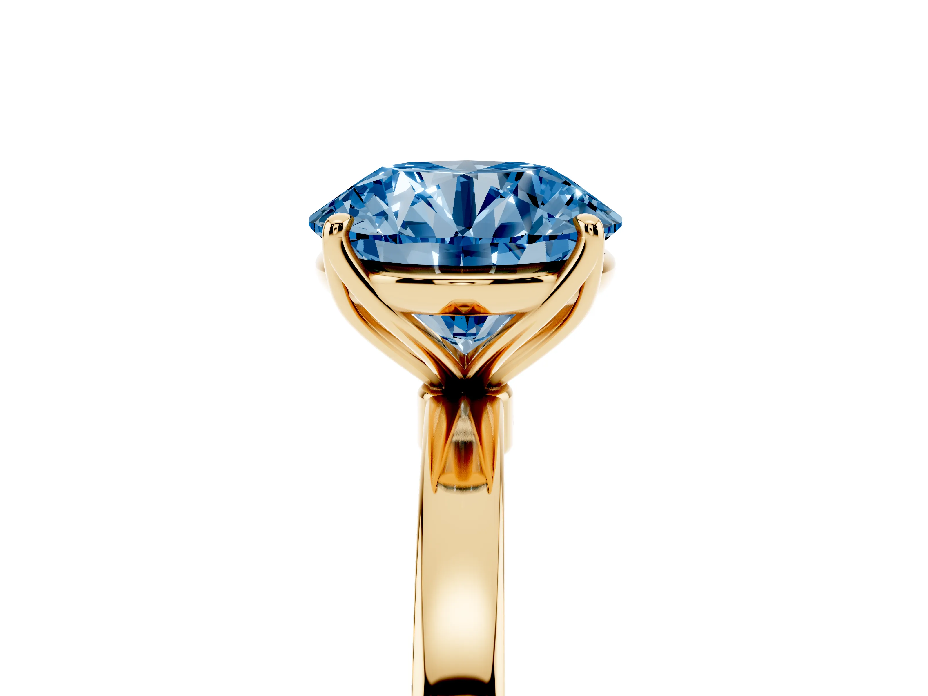 Fancy Blue Round Cut Diamond Solitaire Ring Set in Yellow gold with Prong Setting and Thin Polished Band