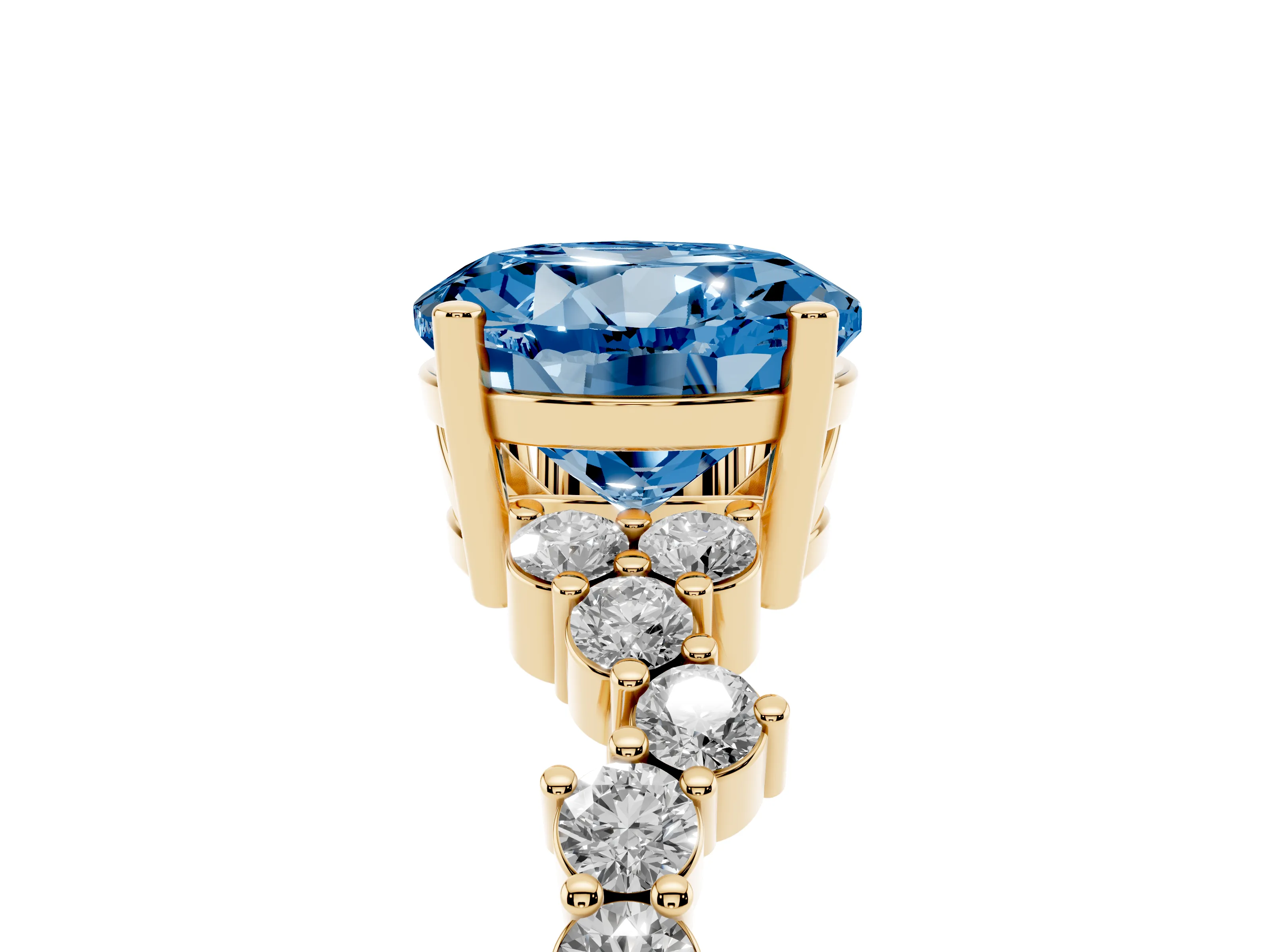 Fancy Blue Round Cut Diamond Ring Set in Yellow gold with Scattered Round Accents
