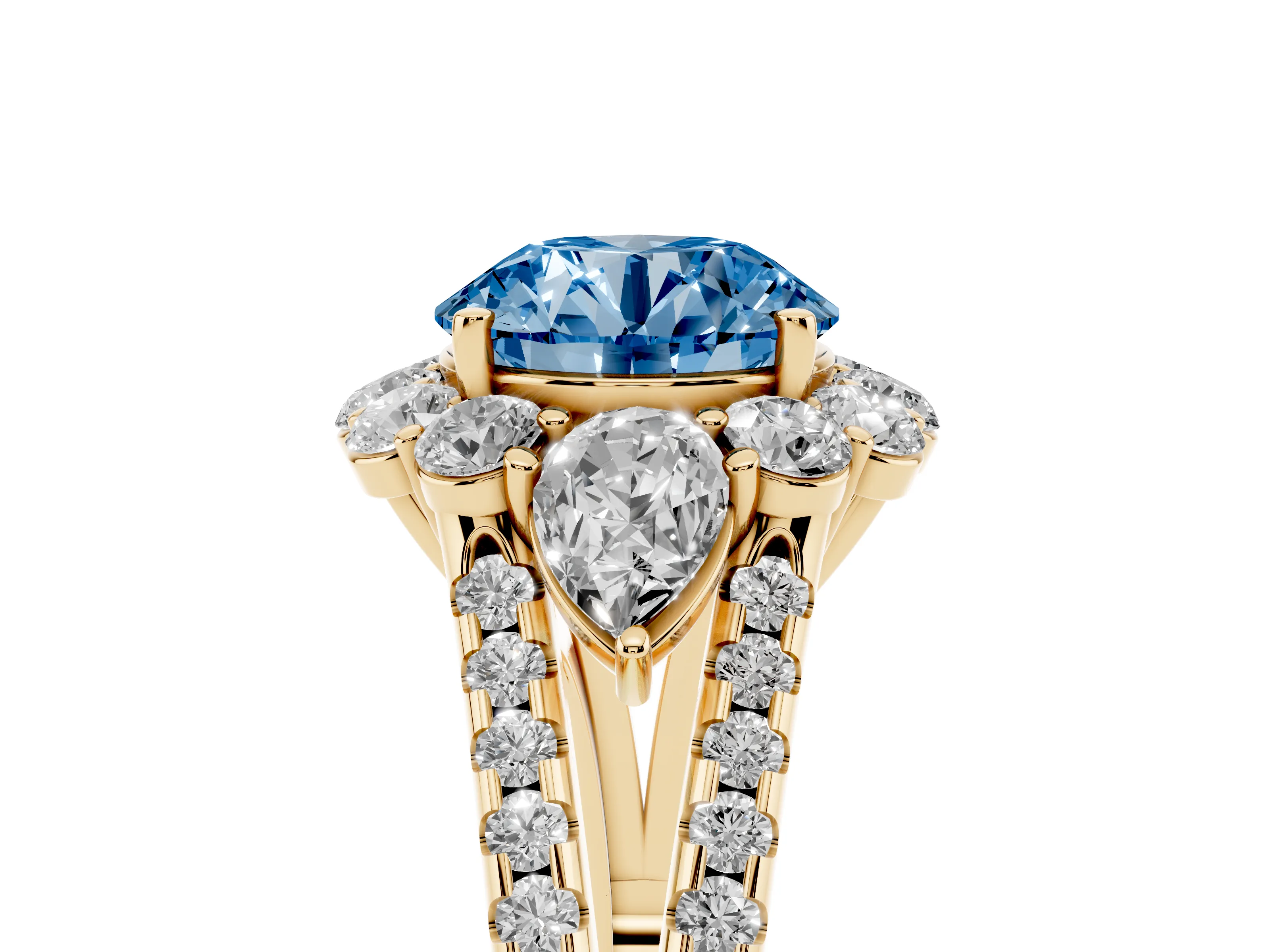 Fancy Blue Round Cut Diamond Halo Split Shank Engagement Ring Set in Yellow gold with Prong-Held Center Stone