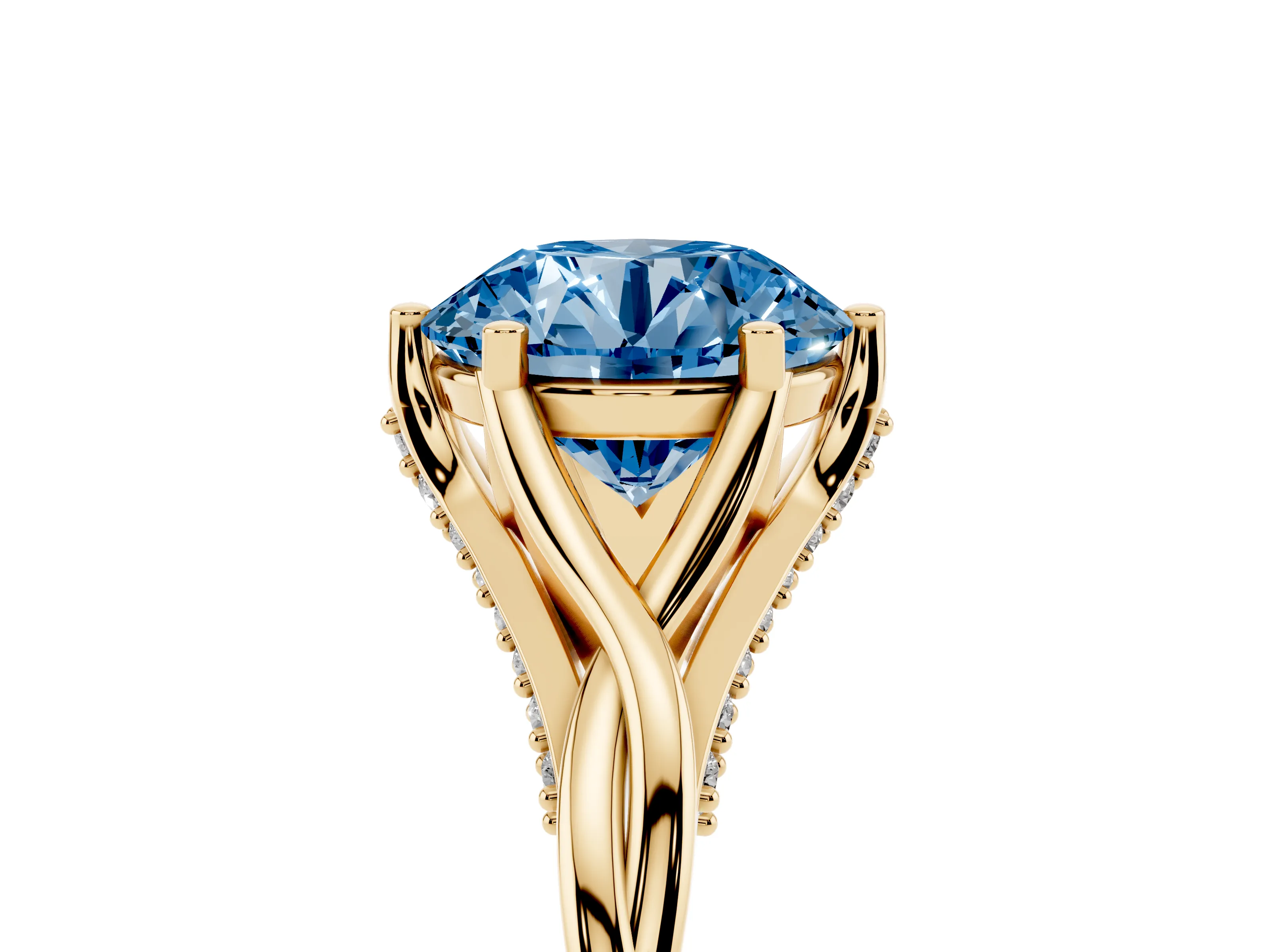 Fancy Blue Round Cut Diamond Intertwined Twist Band Solitaire Ring Set in Yellow gold with Prong Setting