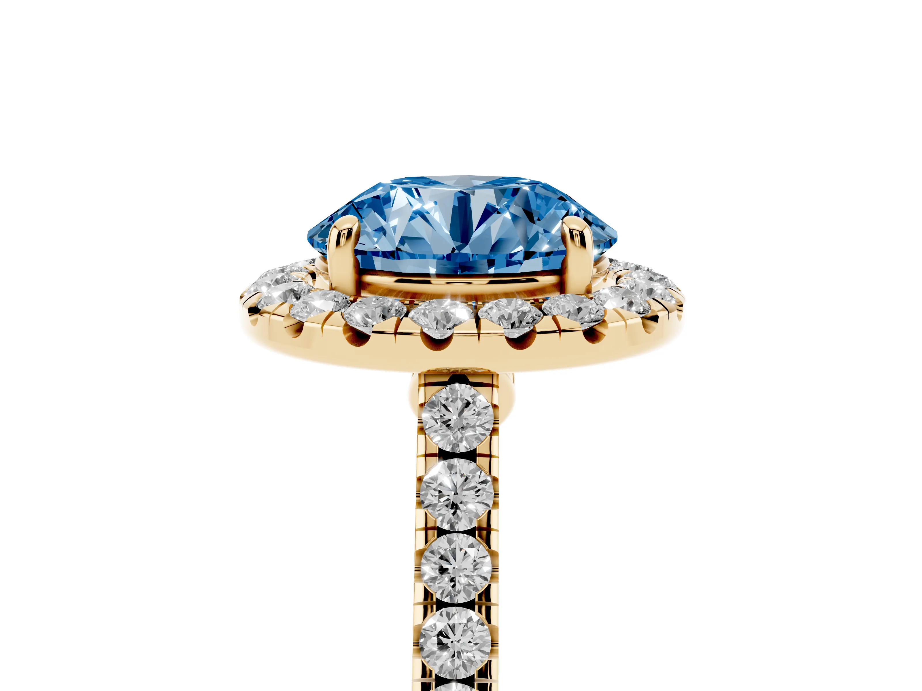 Fancy Blue Round Cut Diamond Halo Pavé Engagement Ring Set in Yellow gold with Prong Setting