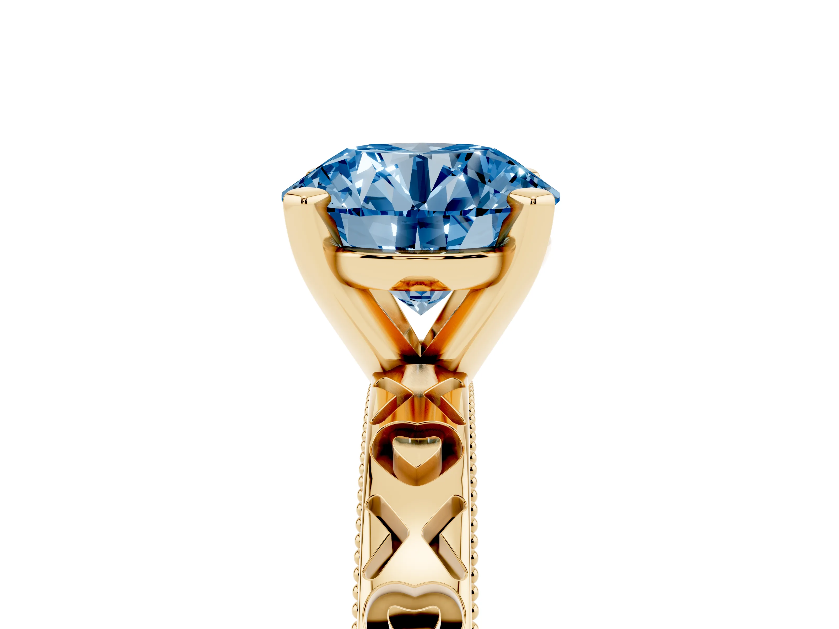 Fancy Blue Round Cut Diamond Solitaire Engagement Ring Set in Yellow gold with XO Engraved Band and Prong Setting