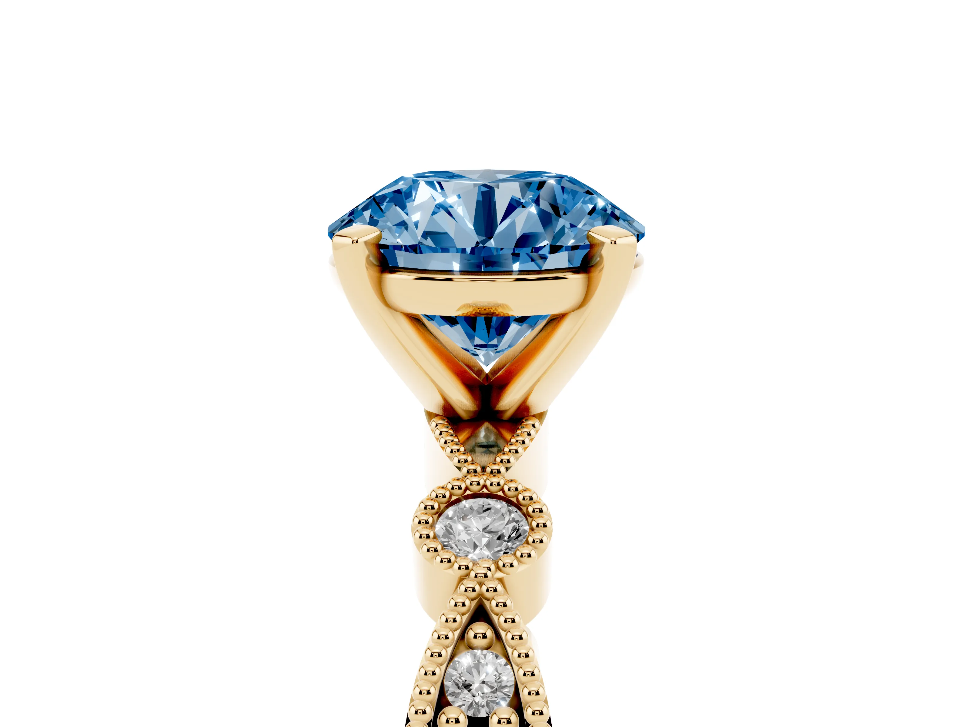 Fancy Blue Round Cut Diamond Solitaire Engagement Ring Set in Yellow gold with Milgrain Bezel Accent Band