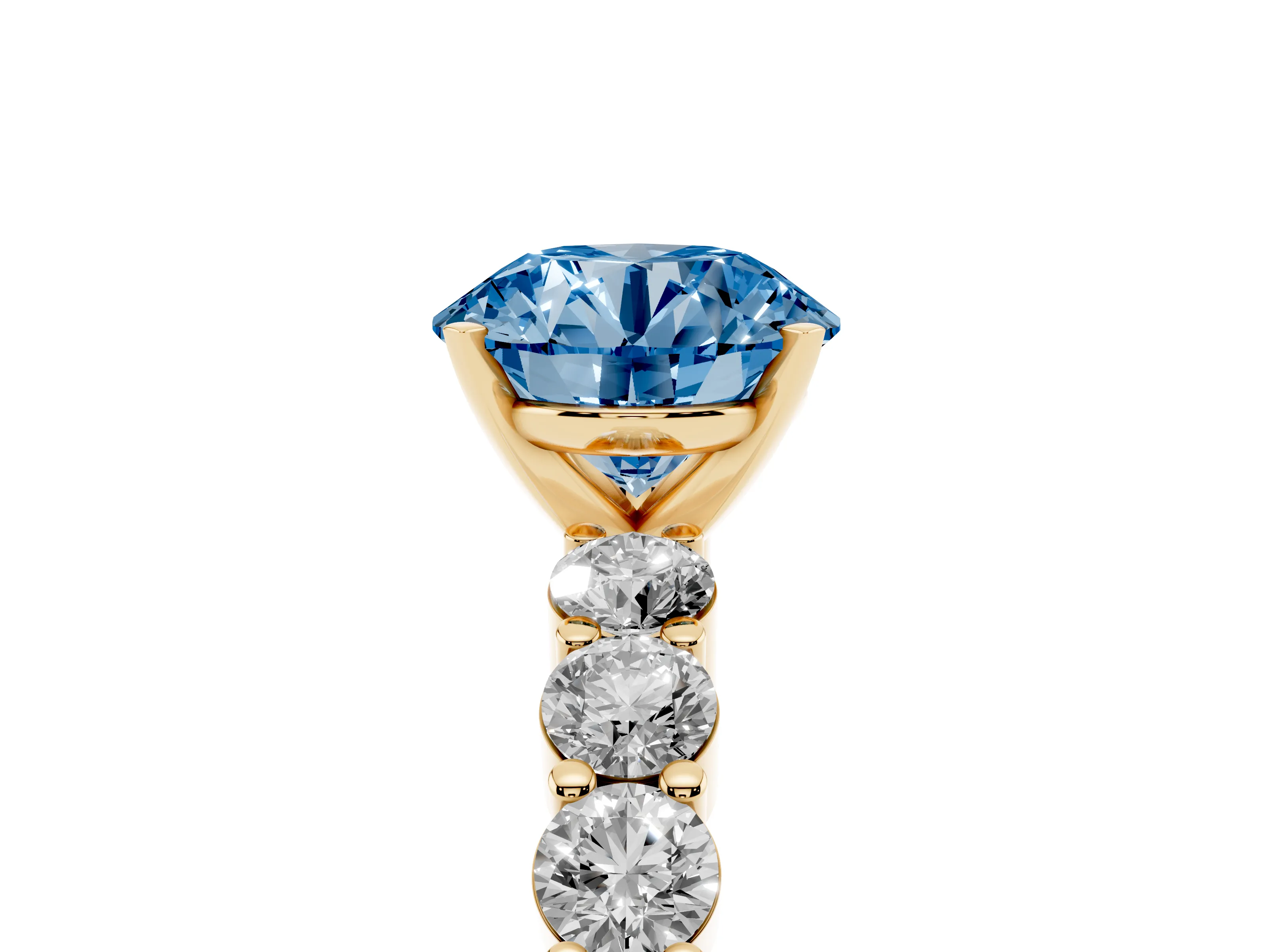Fancy Blue Round Cut Diamond Solitaire Ring Set in Yellow gold with Shared Prong Round Side Stones