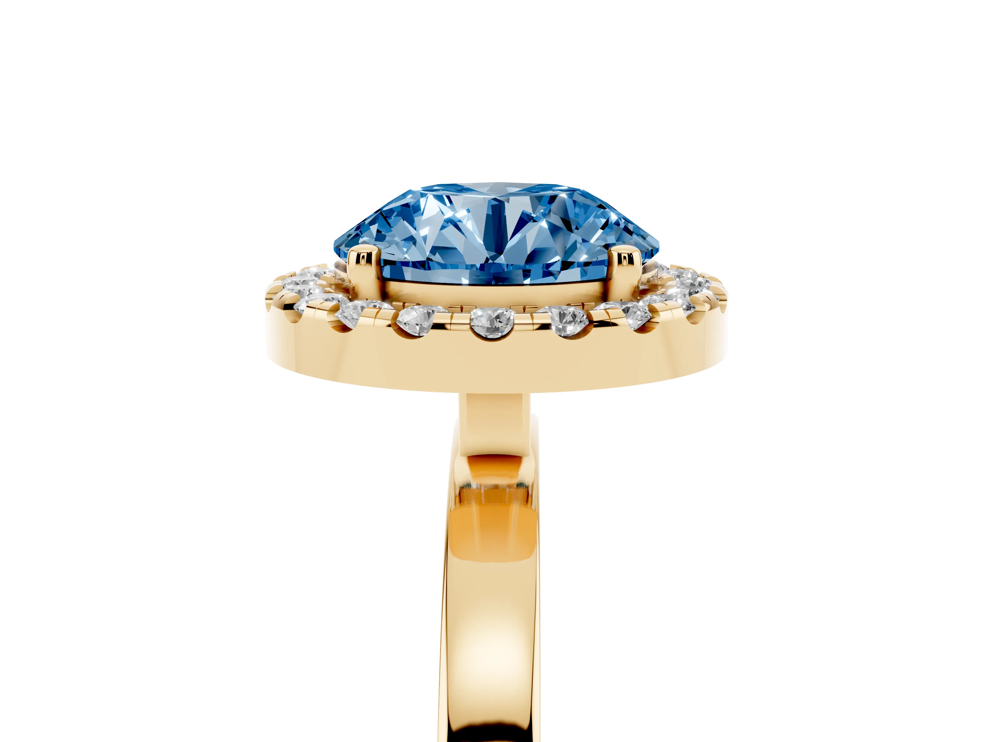 Fancy Blue Round Cut Diamond Halo Solitaire Ring Set in Yellow gold with Pavé Band and Prong Setting
