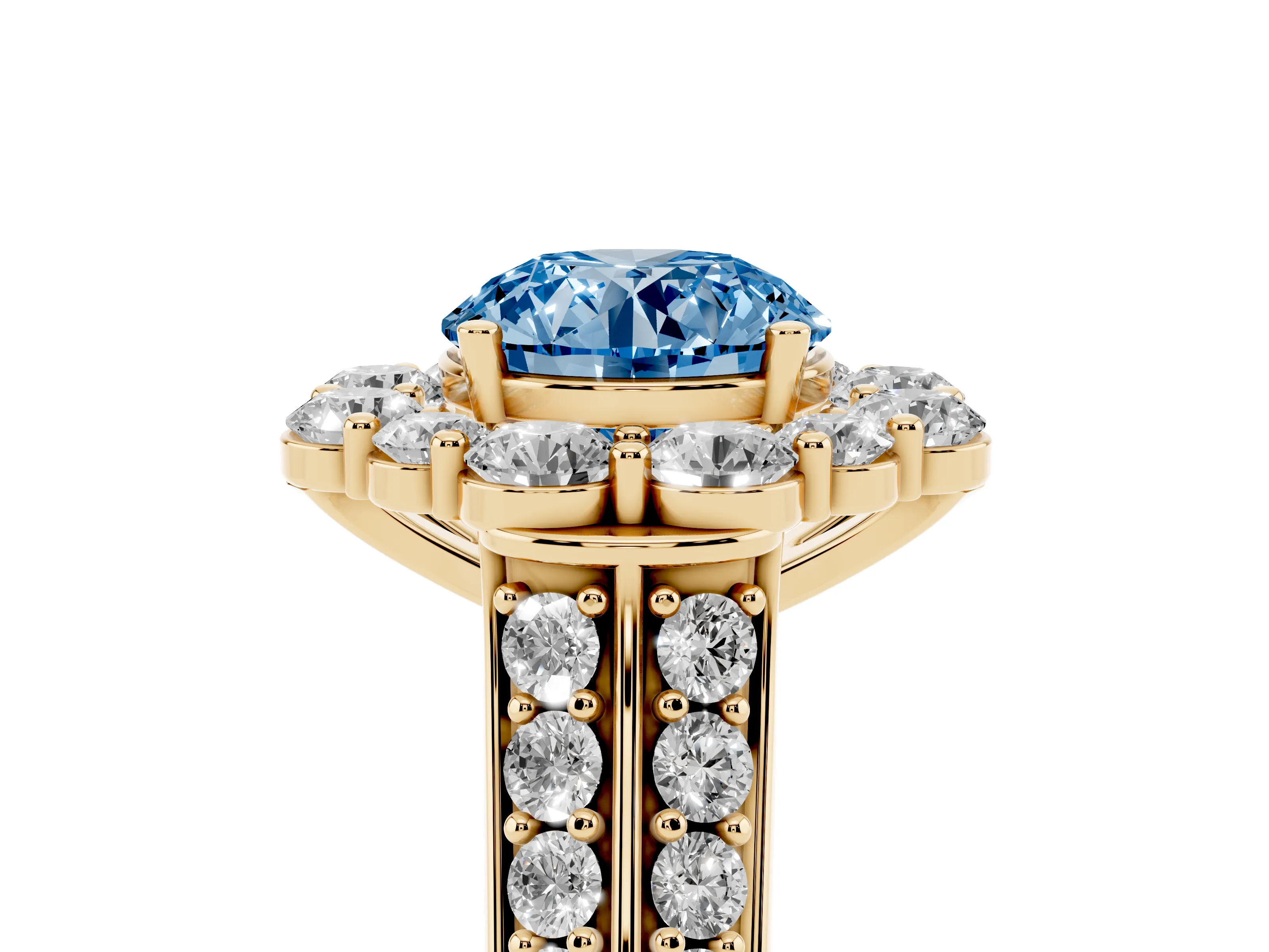 Fancy Blue Round Cut Diamond Halo Engagement Ring Set in Yellow gold with Split Shank and Prong Setting