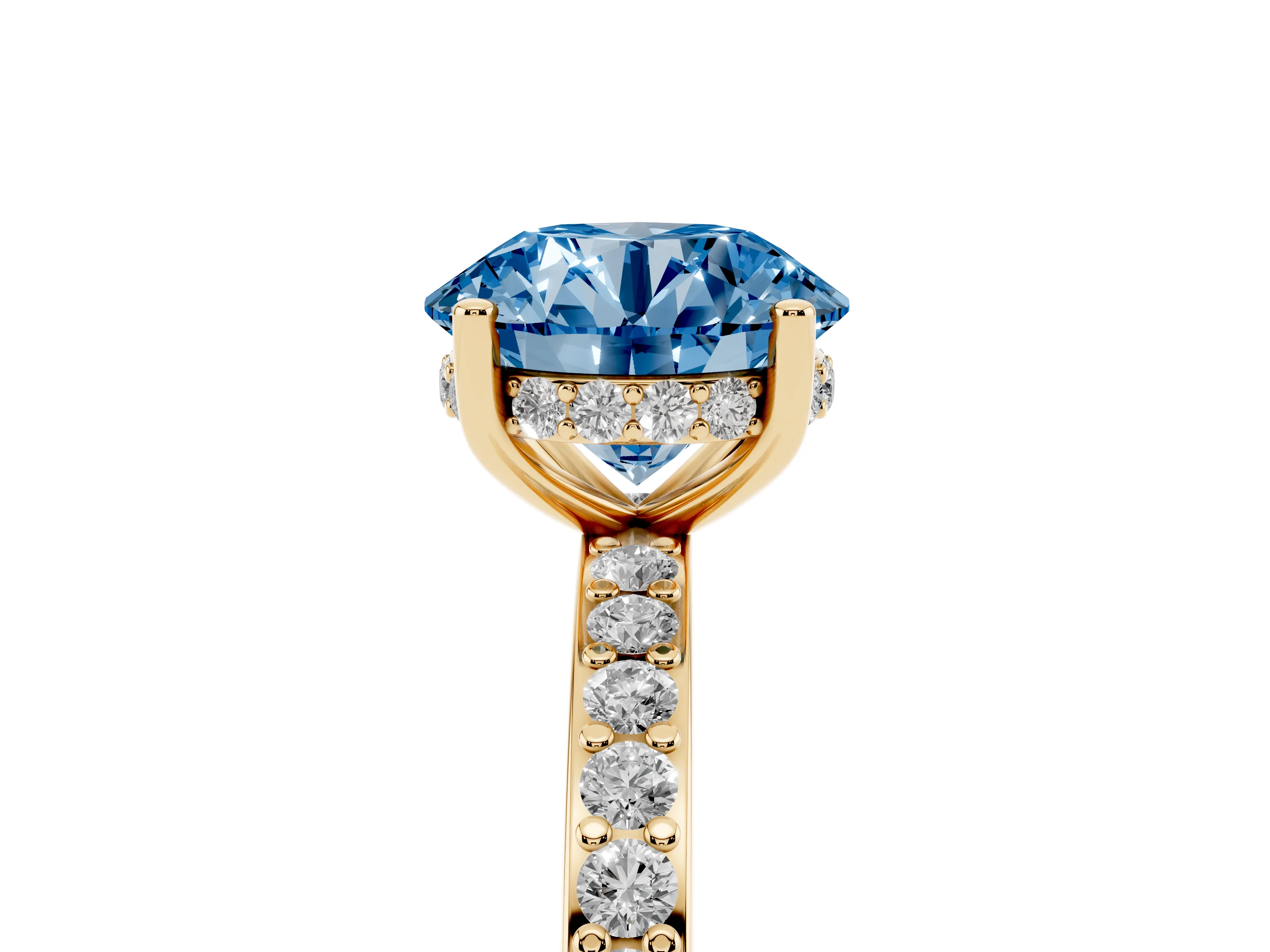 Fancy Blue Round Cut Diamond Pavé Band Ring Set in Yellow gold with Prong-Set Center Stone