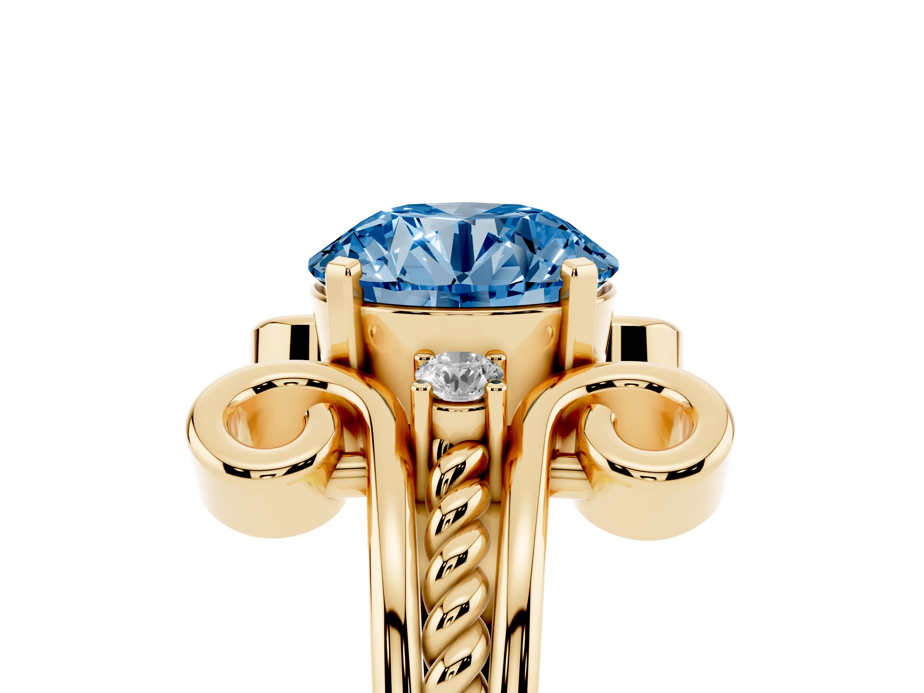 Fancy Blue Round Cut Diamond Twisted Band Solitaire Ring Set in Yellow gold with Scroll Prongs