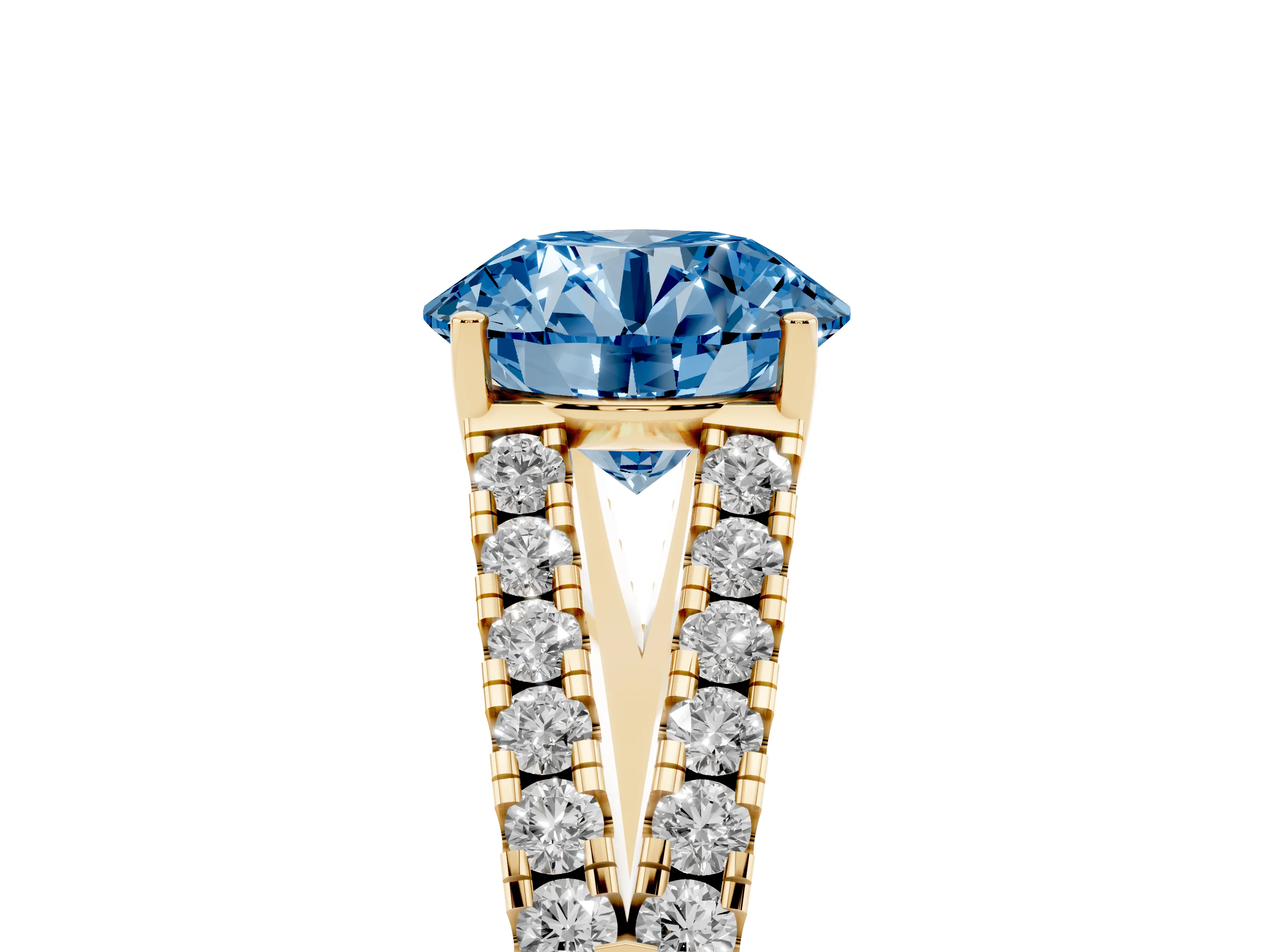 Fancy Blue Round Cut Diamond Split Shank Pavé Engagement Ring Set in Yellow gold with Prong-Held Center Stone