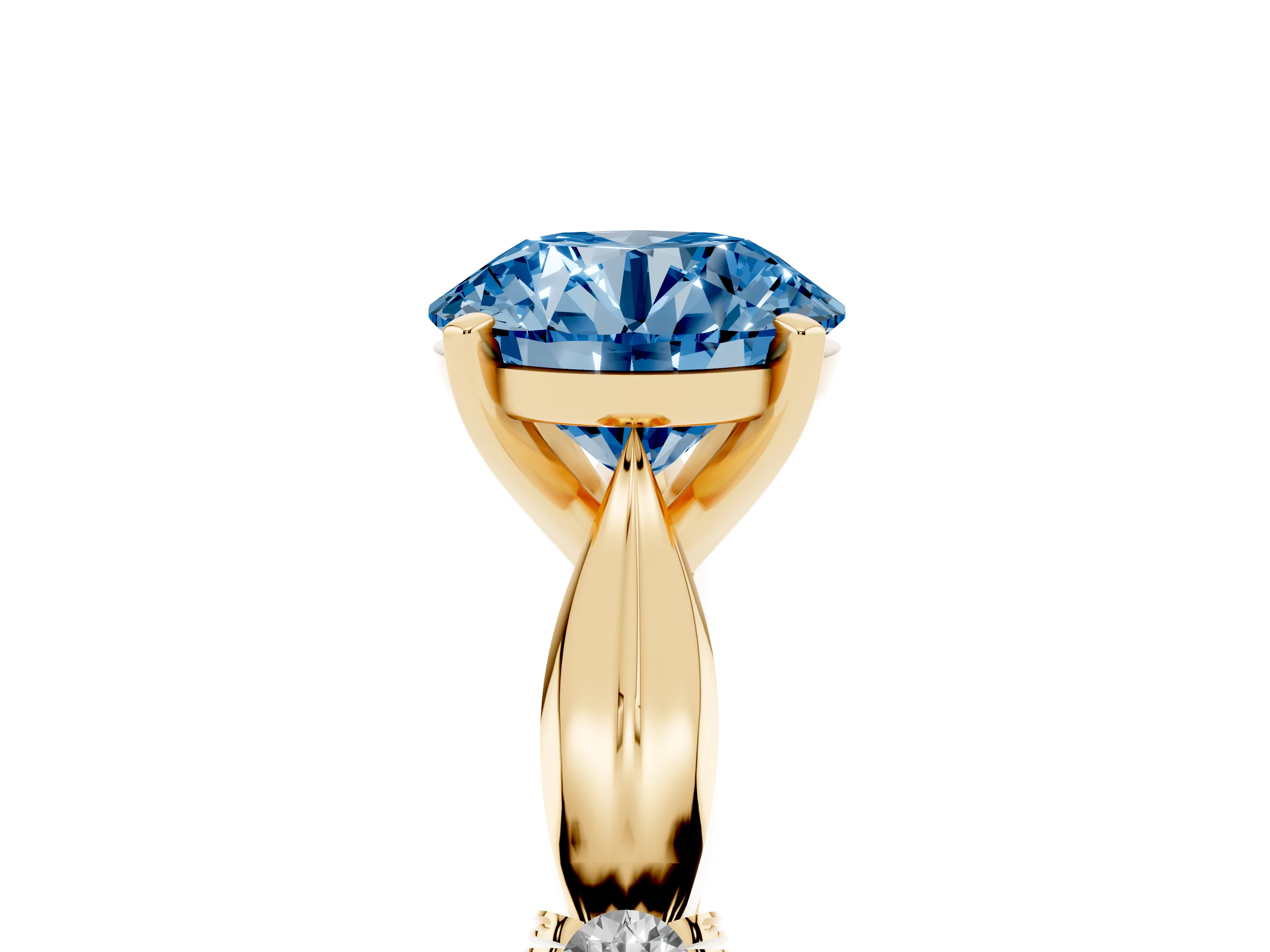 Fancy Blue Round Cut Diamond Solitaire Twisted Band Ring Set in Yellow gold with Accent Stones and Prong Setting