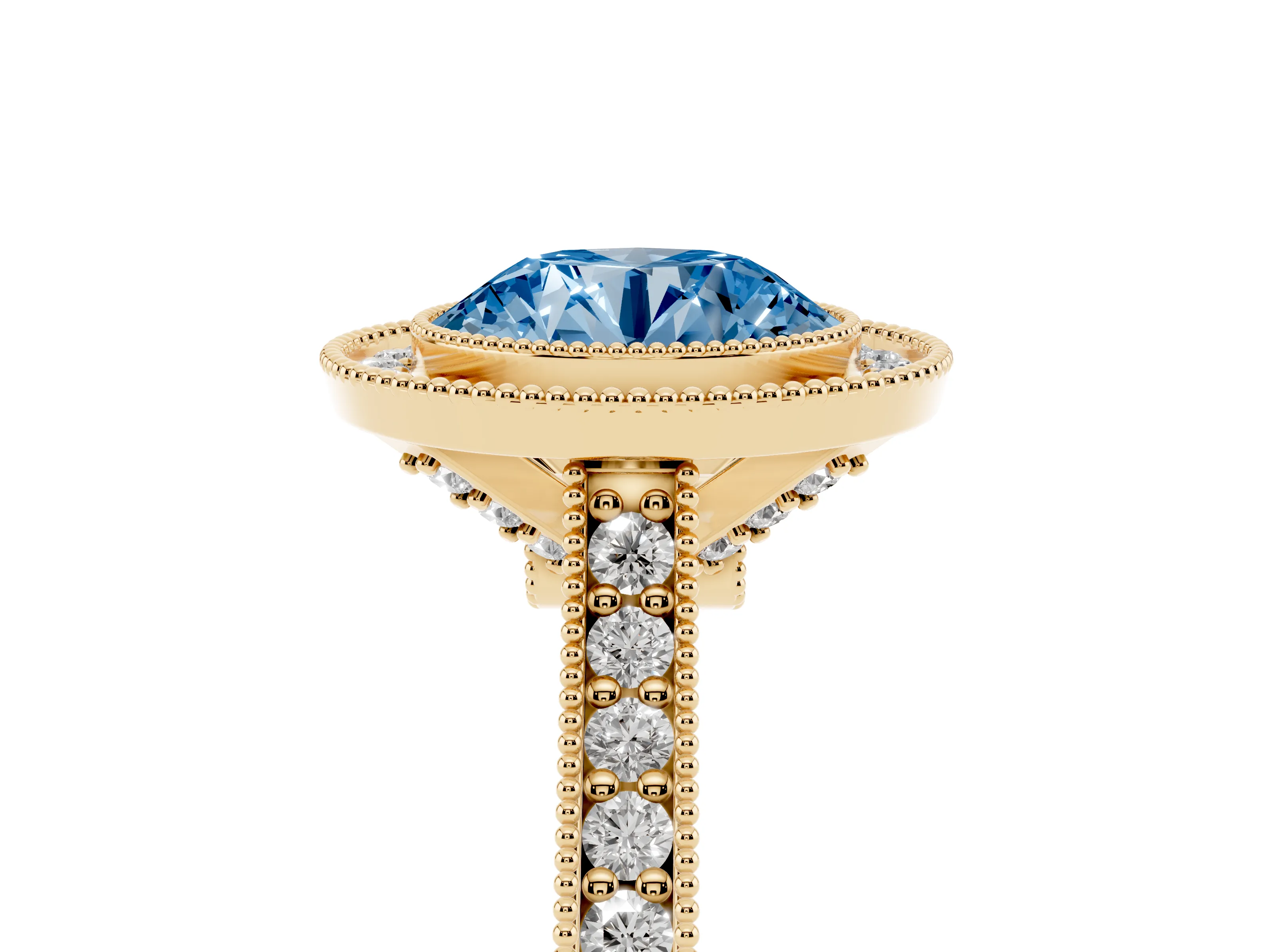 Fancy Blue Round Cut Diamond Halo Milgrain Pavé Band Ring Set in Yellow gold with Prong Setting