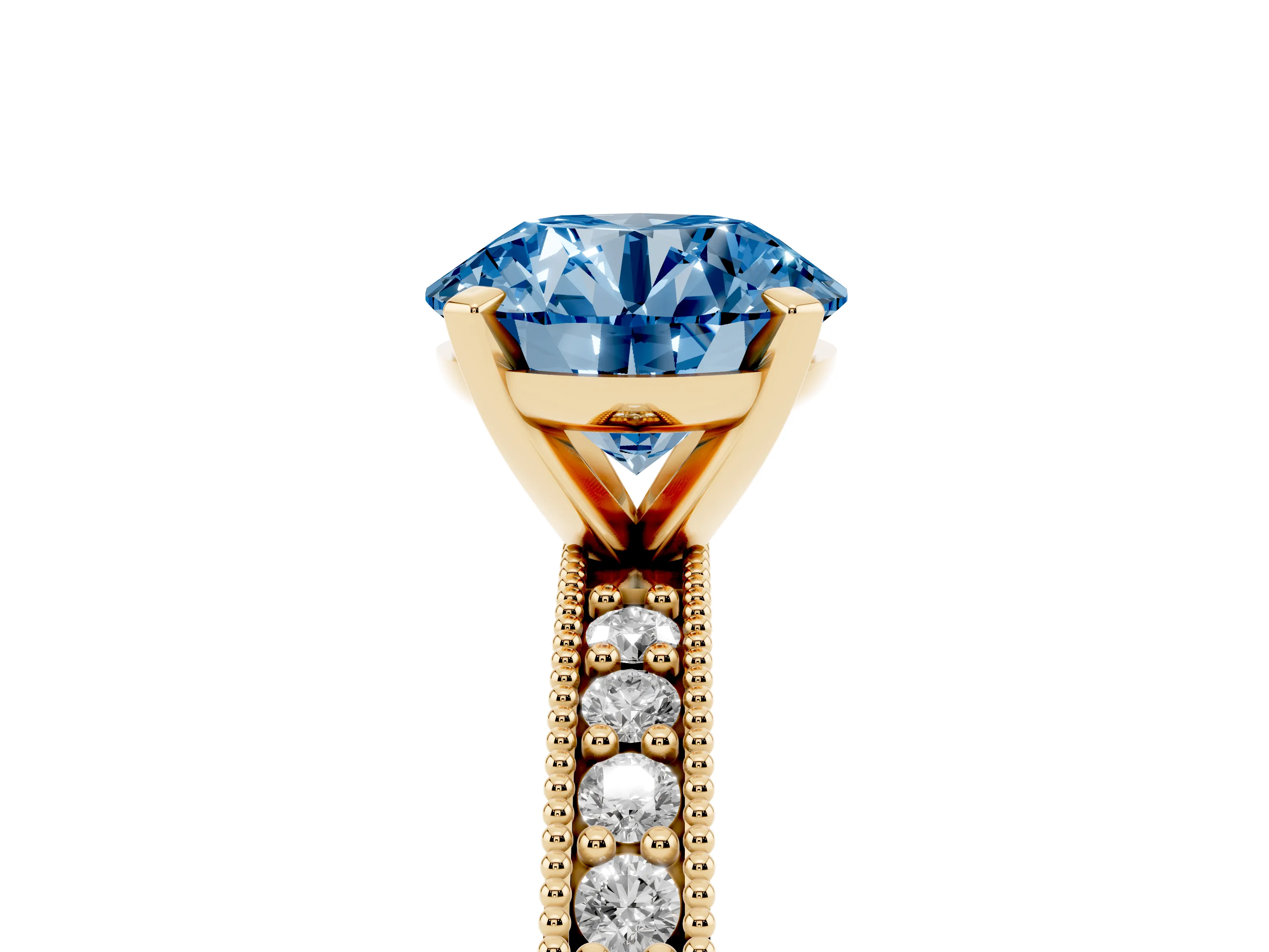 Fancy Blue Round Cut Diamond Milgrain Pavé Engagement Ring Set in Yellow gold with Prong Setting