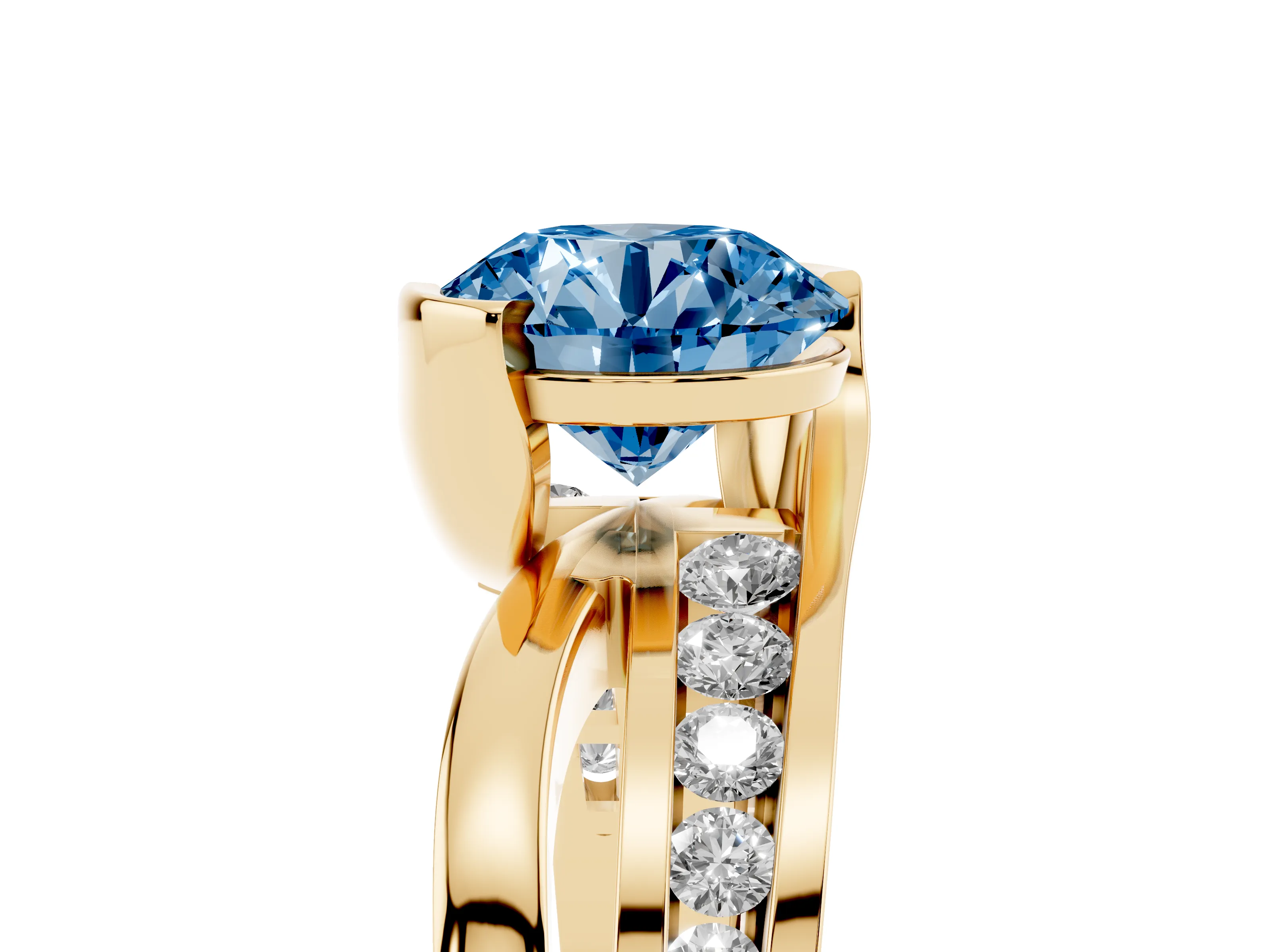 Fancy Blue Round Cut Diamond Solitaire Ring Set in Yellow gold with Channel Set Split Shank and Tension Prongs