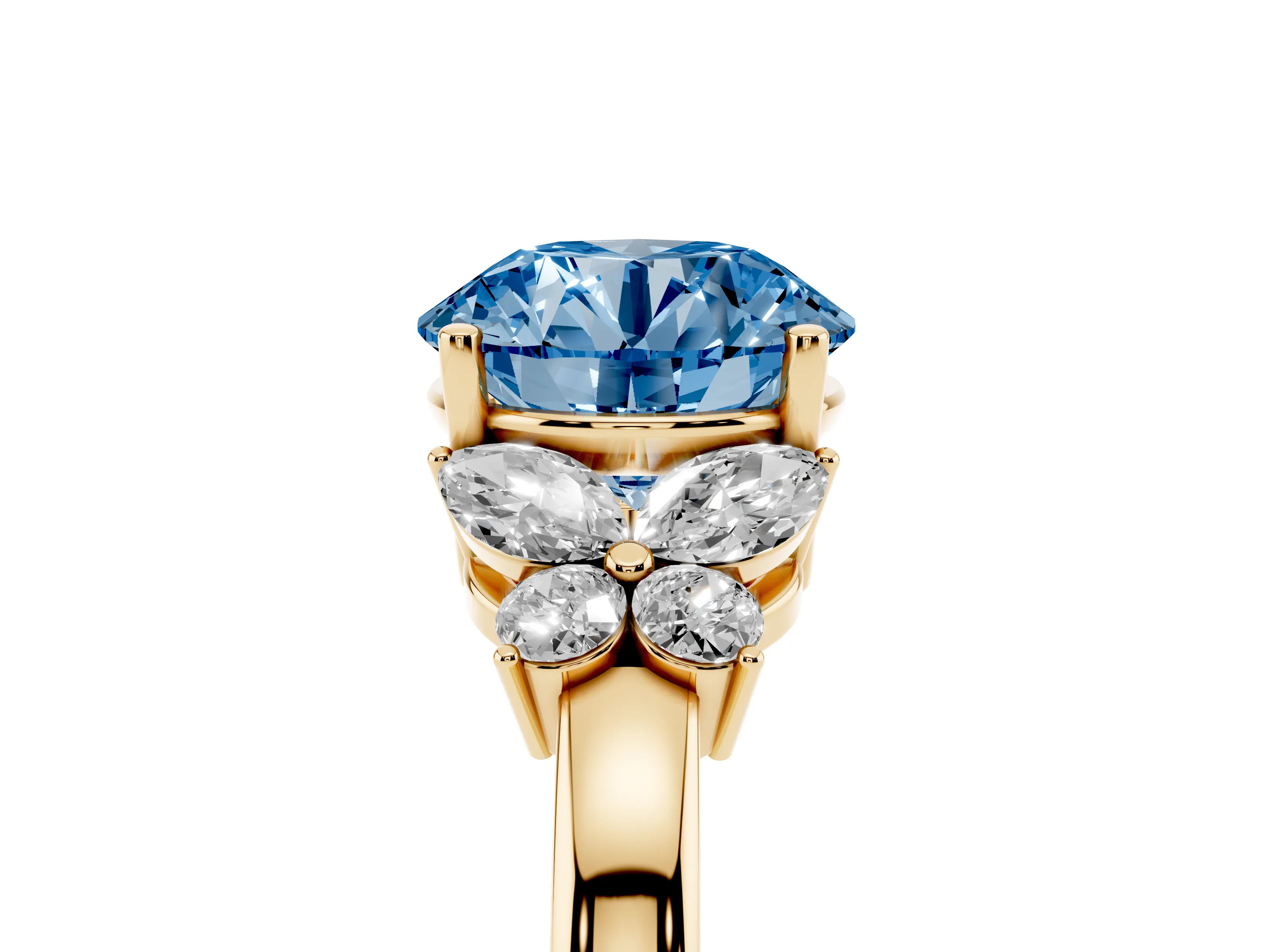 Fancy Blue Round Cut Diamond Solitaire Floral Ring Set in Yellow gold with Marquise Petals and Prong Setting
