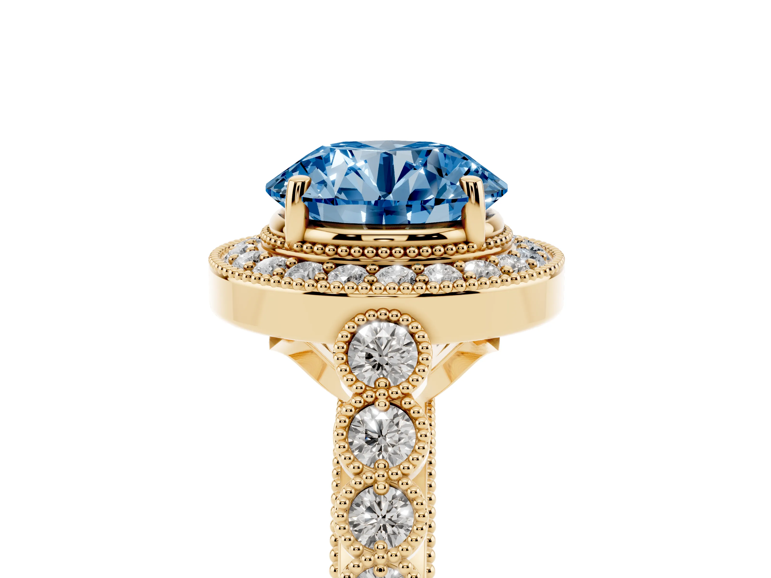 Fancy Blue Round Cut Diamond Milgrain Halo Solitaire Ring Set in Yellow gold with Bezel Set Side Stones and Pavé Band