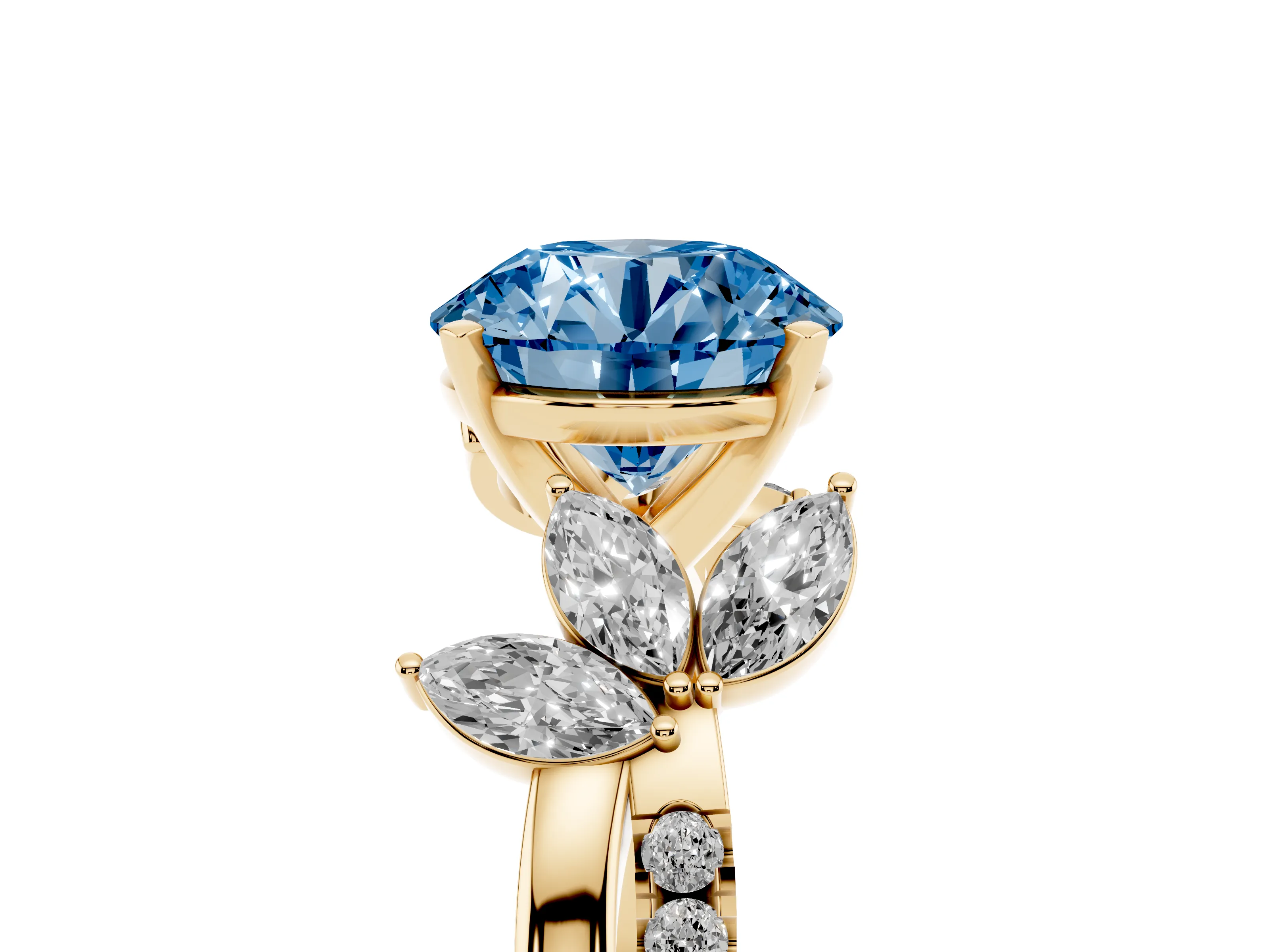 Fancy Blue Round Cut Diamond Floral Vine Solitaire Engagement Ring Set in Yellow gold with Marquise Leaves