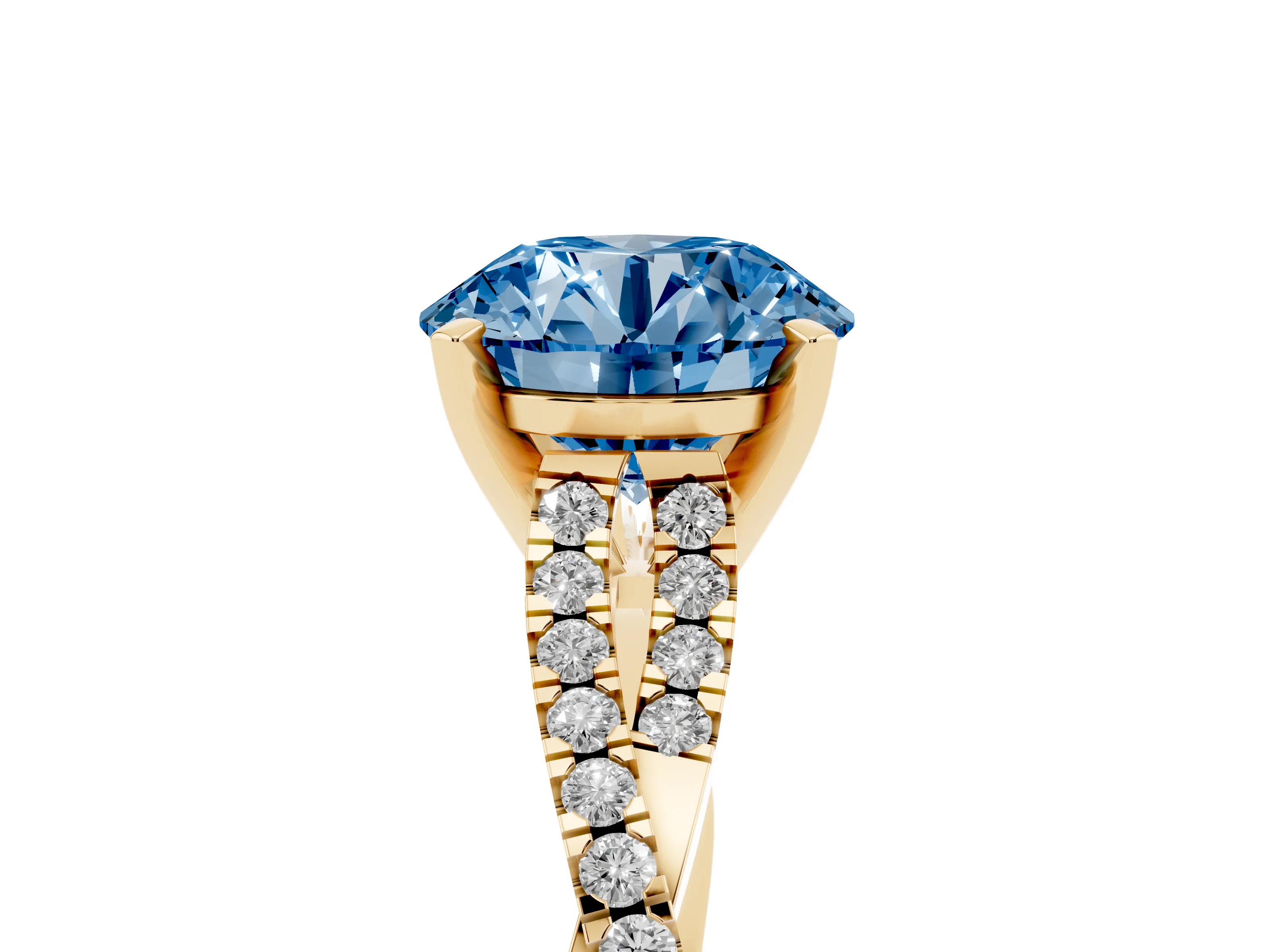 Fancy Blue Round Cut Diamond Solitaire Engagement Ring Set in Yellow gold with Twisted Pavé Band and Prong Setting