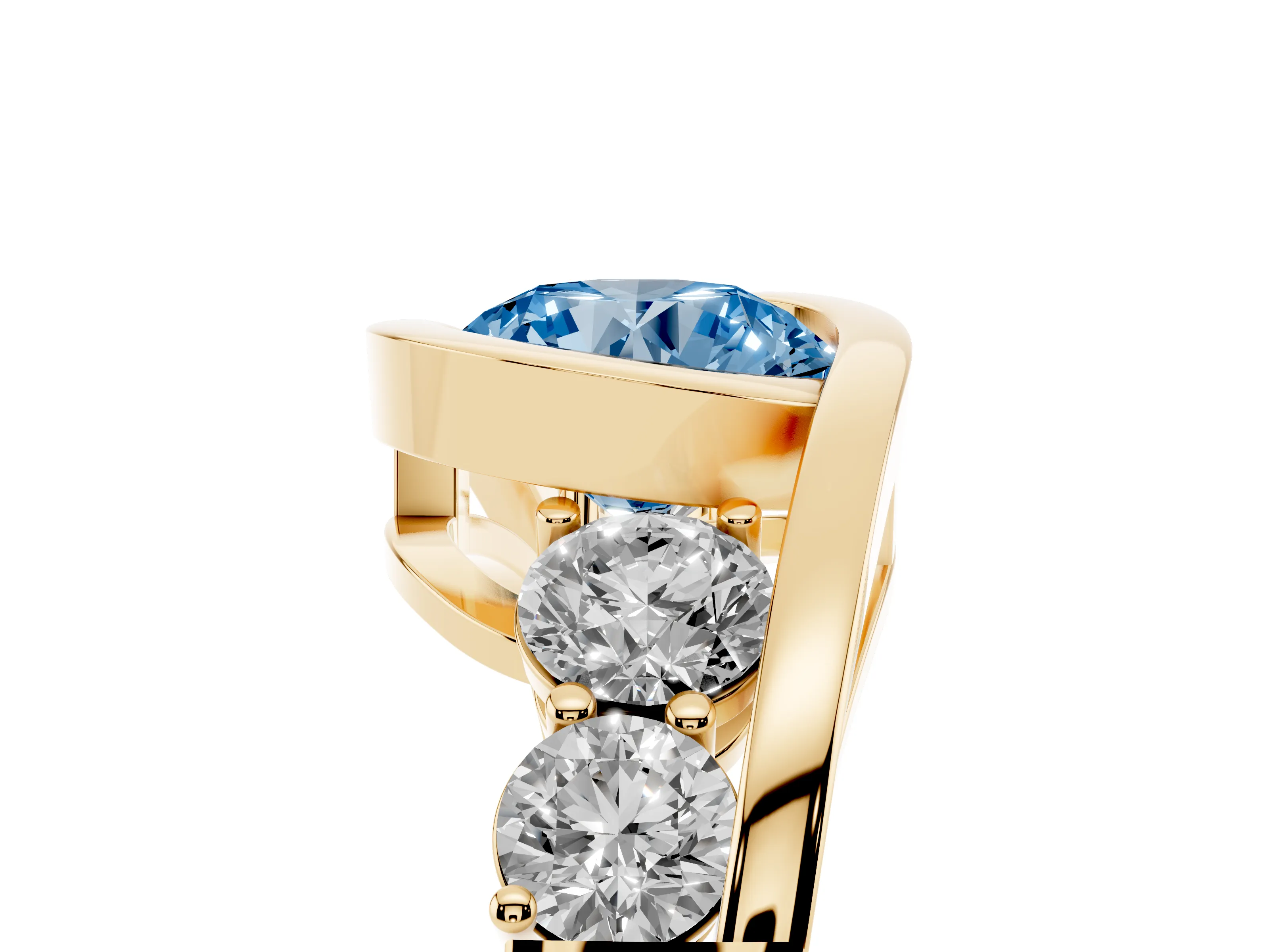 Fancy Blue Round Cut Diamond Bezel Bypass Ring Set in Yellow gold with Round Accents