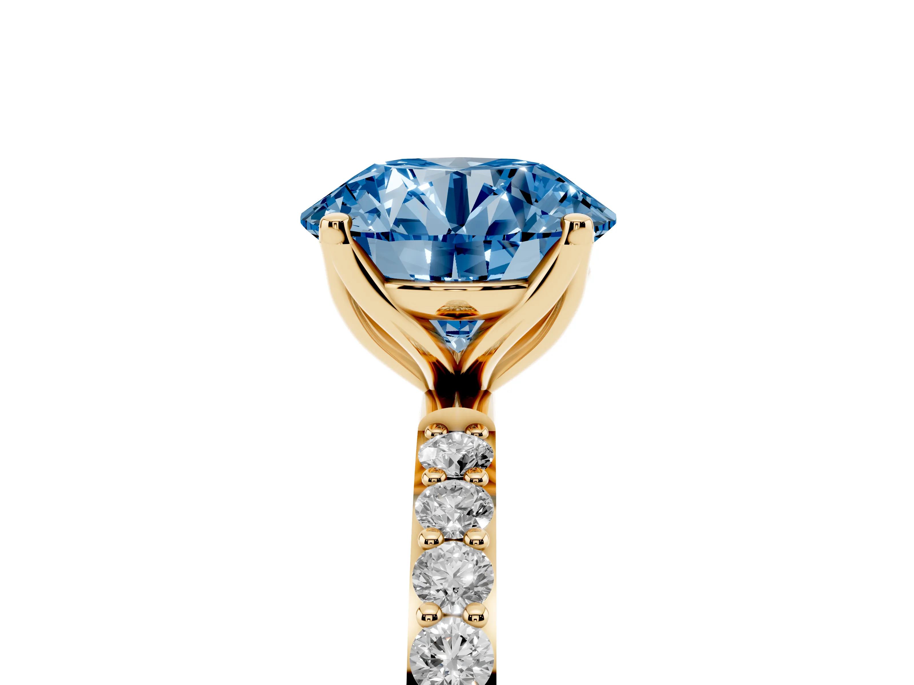 Fancy Blue Round Cut Diamond Solitaire Engagement Ring Set in Yellow gold with Round Pavé Band and Prong Setting