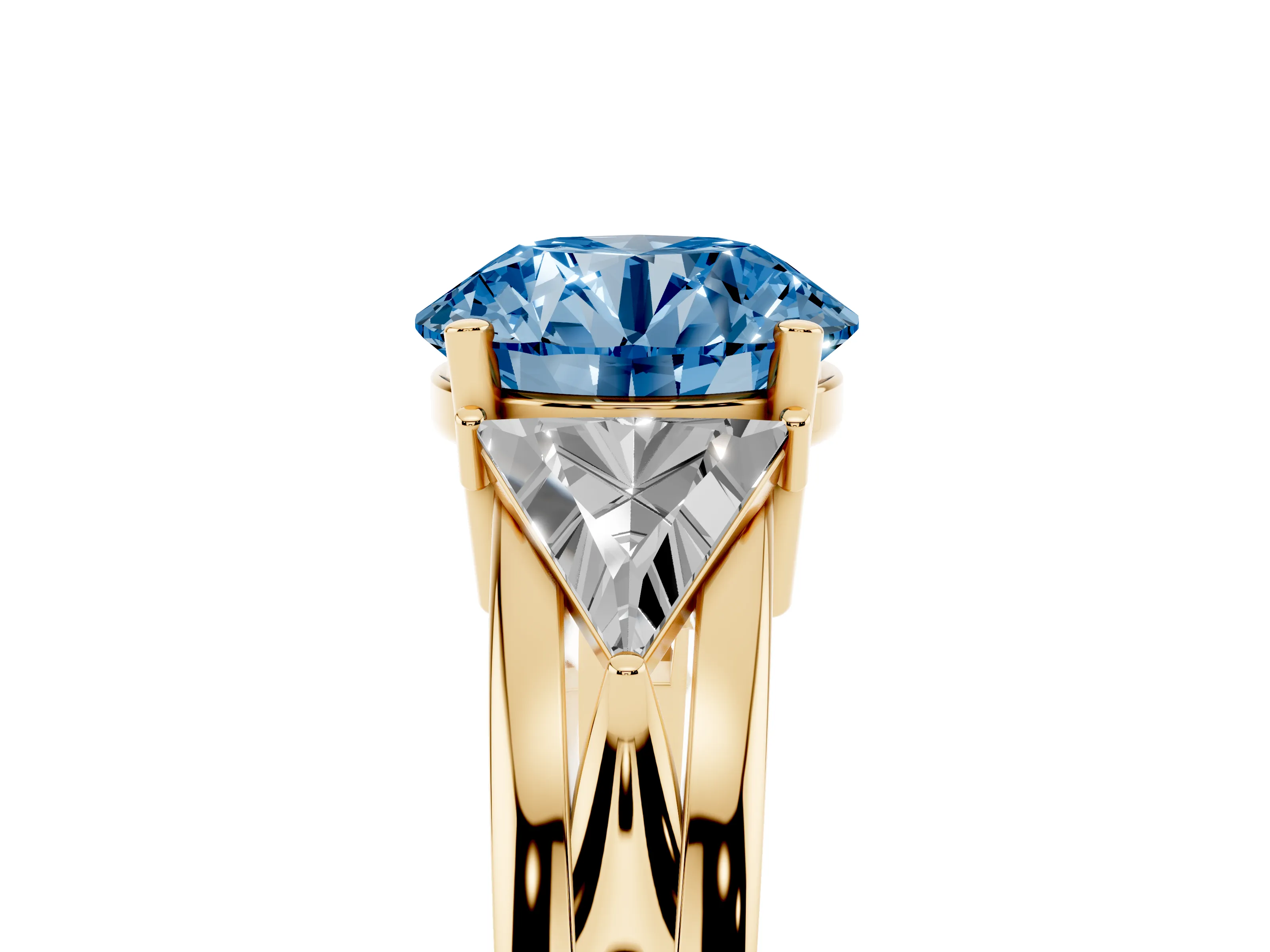 Fancy Blue Round Cut Diamond Three-Stone Ring Set in Yellow gold with Trillion Side Stones and Split Shank