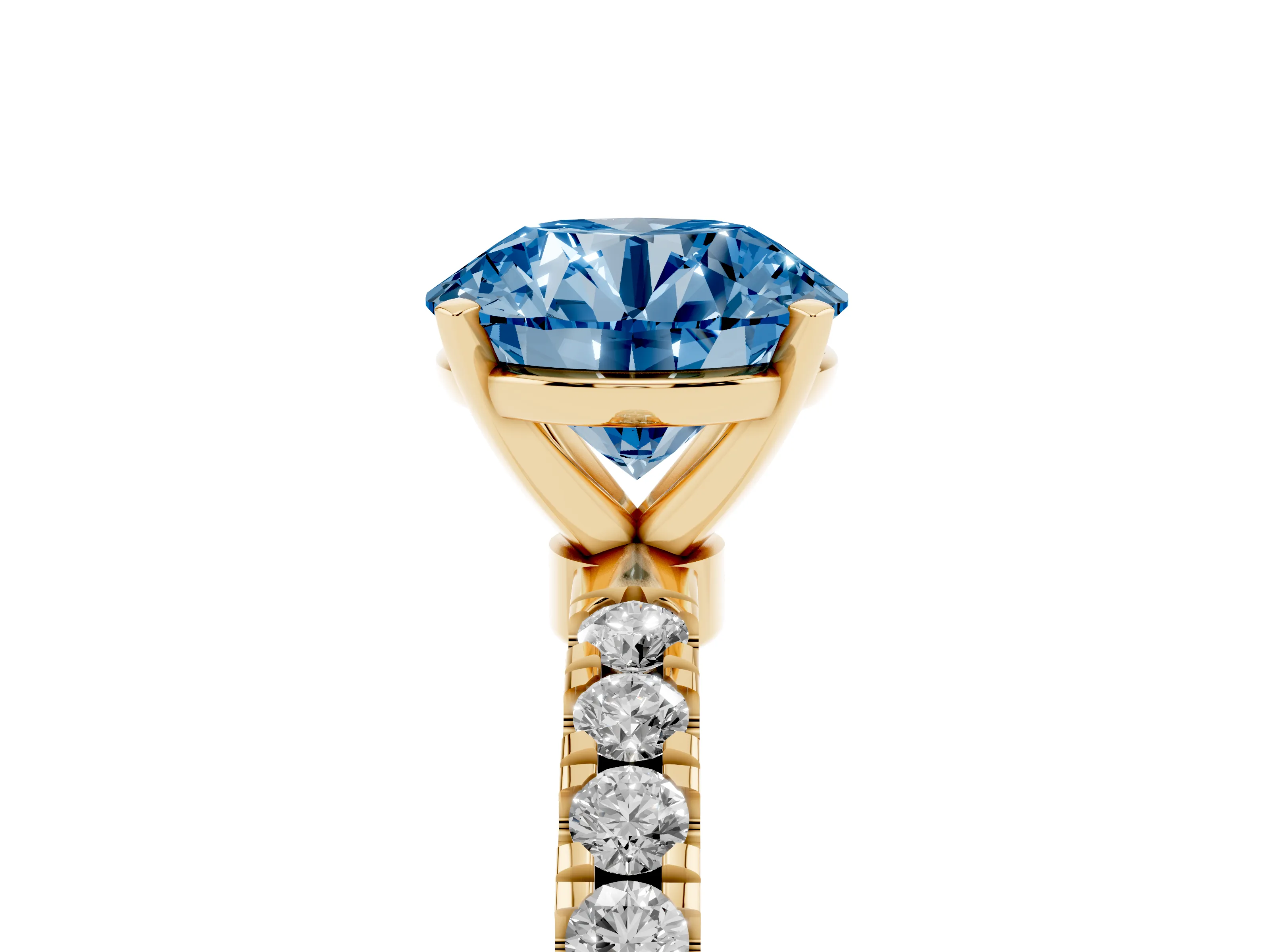 Fancy Blue Round Cut Diamond Solitaire Ring Set in Yellow gold with Pavé Accents and Prong Setting