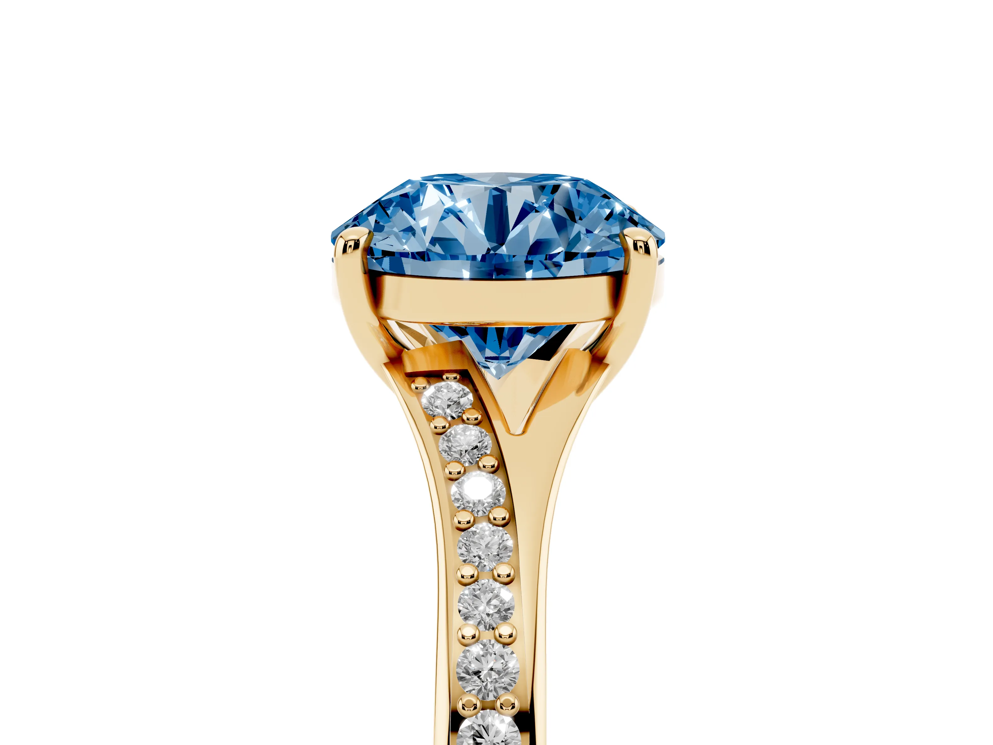 Fancy Blue Round Cut Diamond Solitaire Ring Set in Yellow gold with Pavé Accent Band and Classic Prong Setting