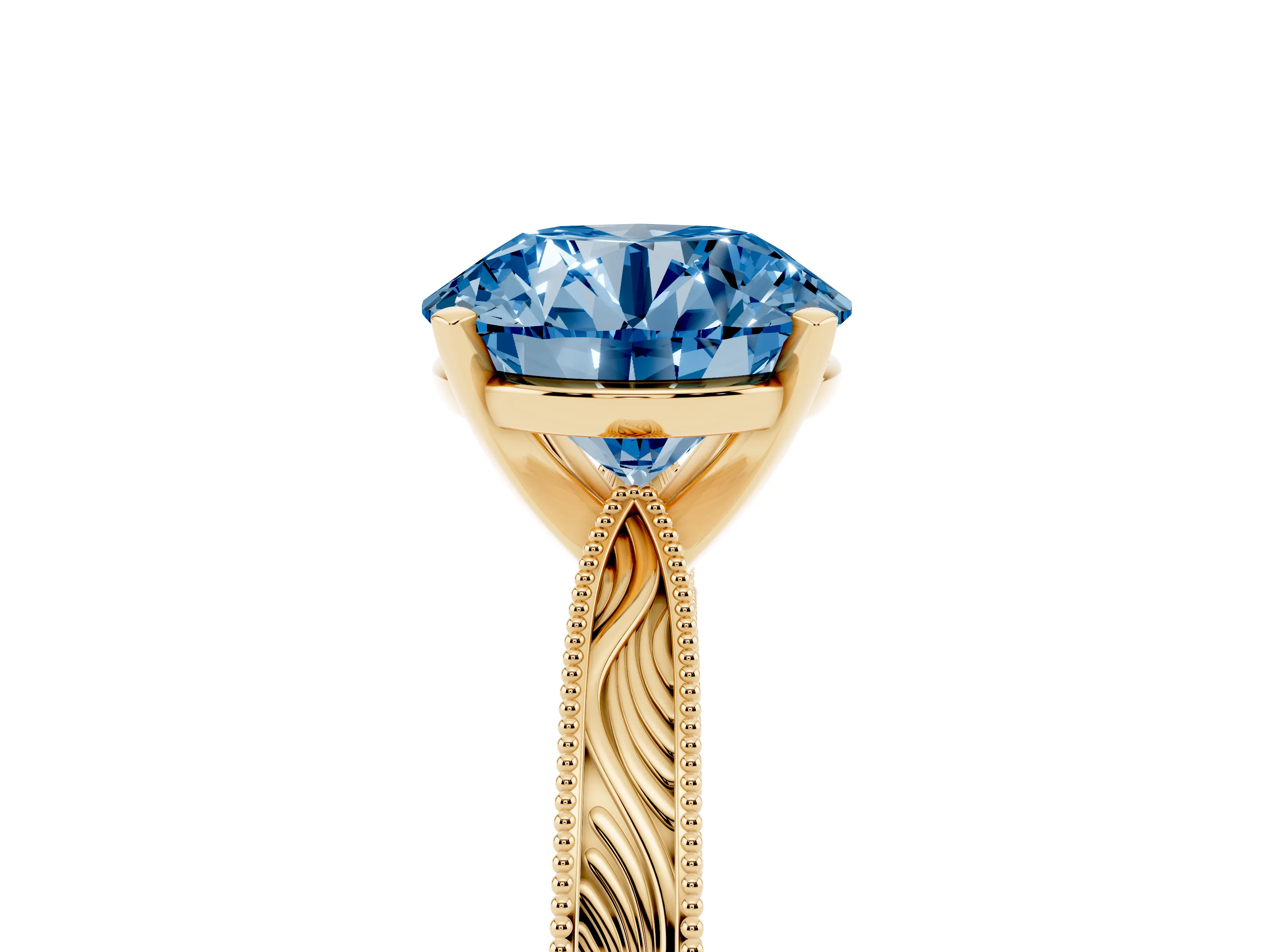 Fancy Blue Round Cut Diamond Solitaire Milgrain Engraved Band Set in Yellow gold with Prong Setting