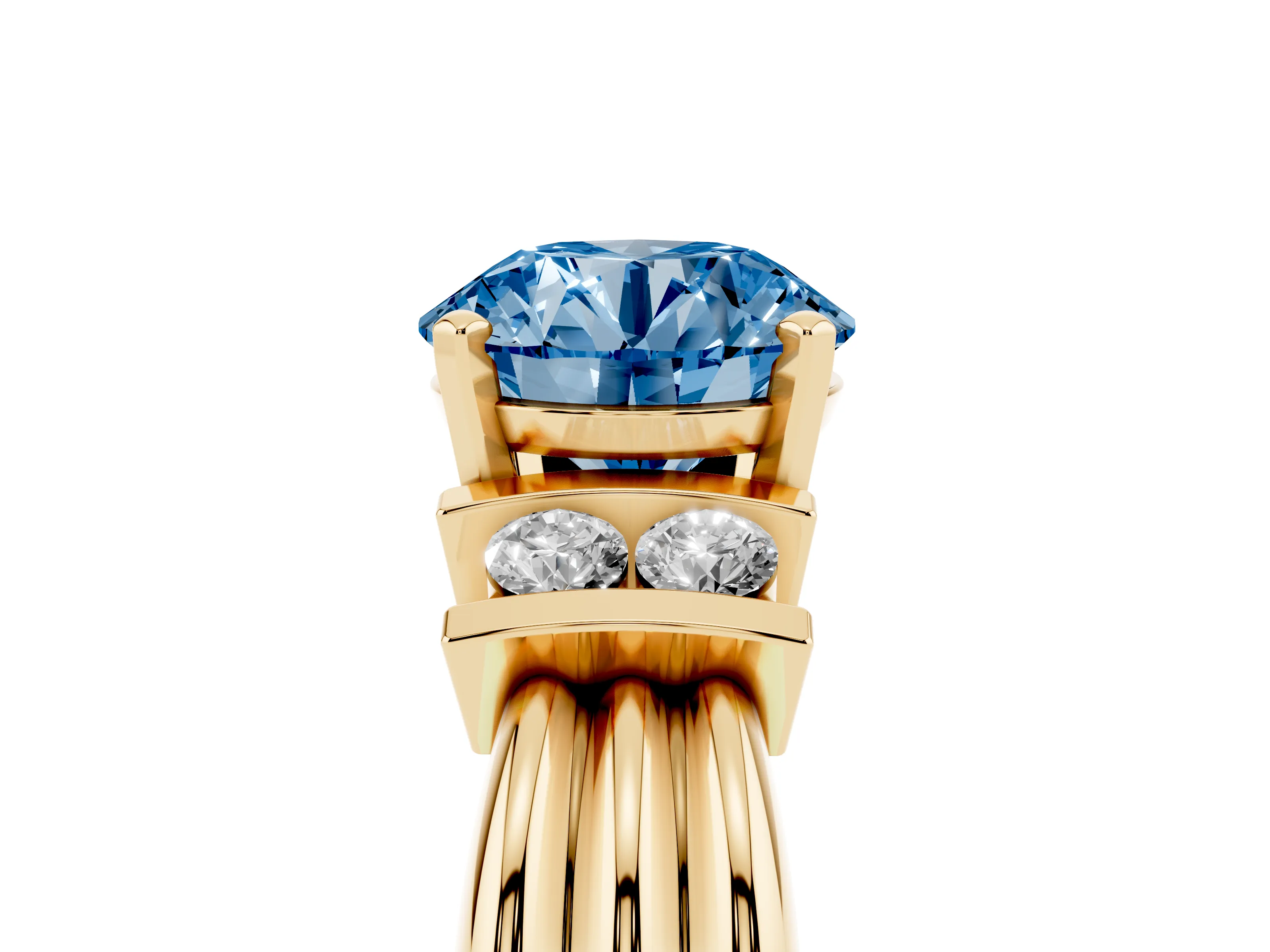 Fancy Blue Three-Stone Round Cut Diamond Channel Set Ring Set in Yellow gold with Bar Prongs