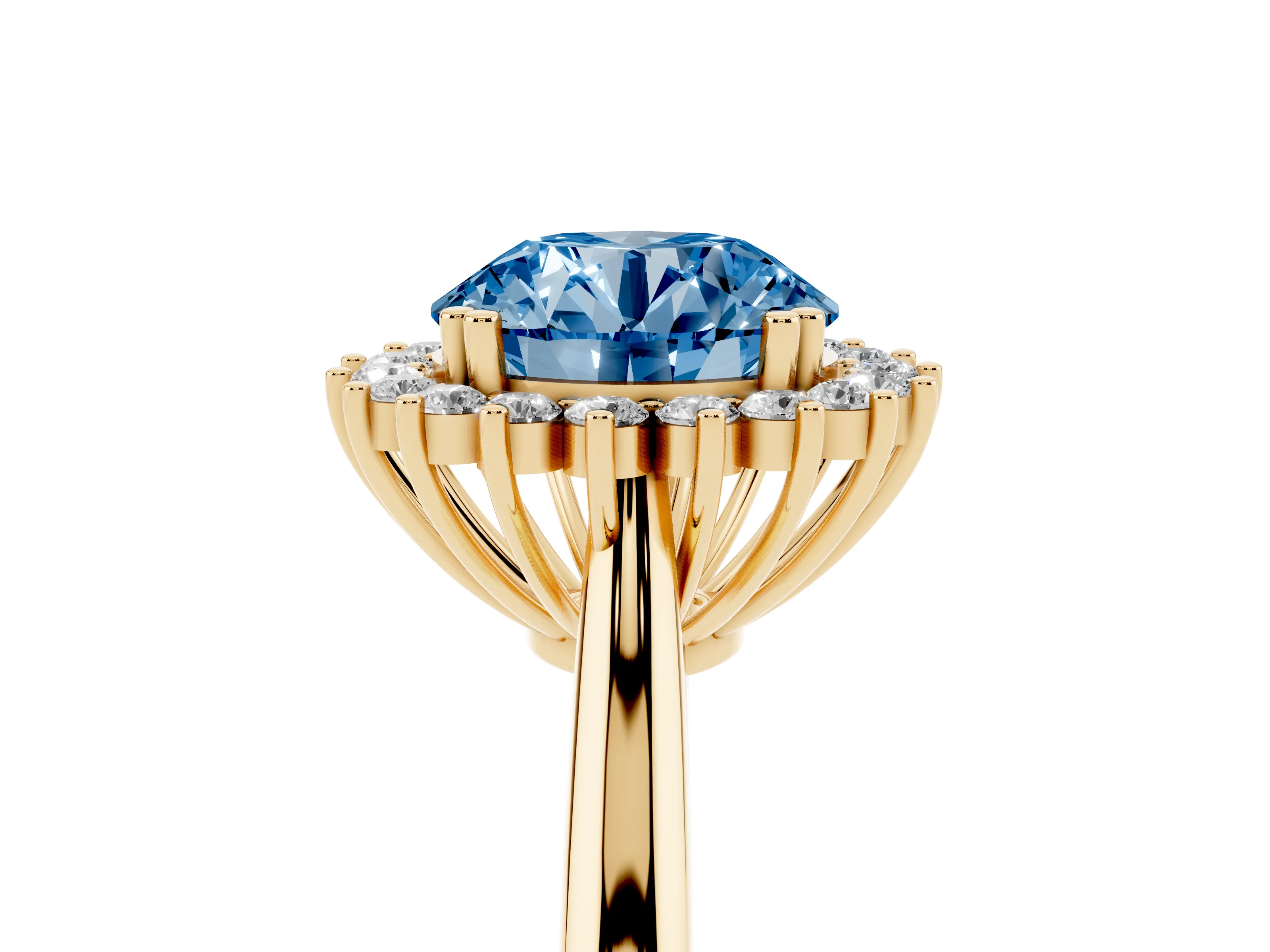 Fancy Blue Round Cut Diamond Halo Ring Set in Yellow gold with Plain Solitaire Band and Prong Setting
