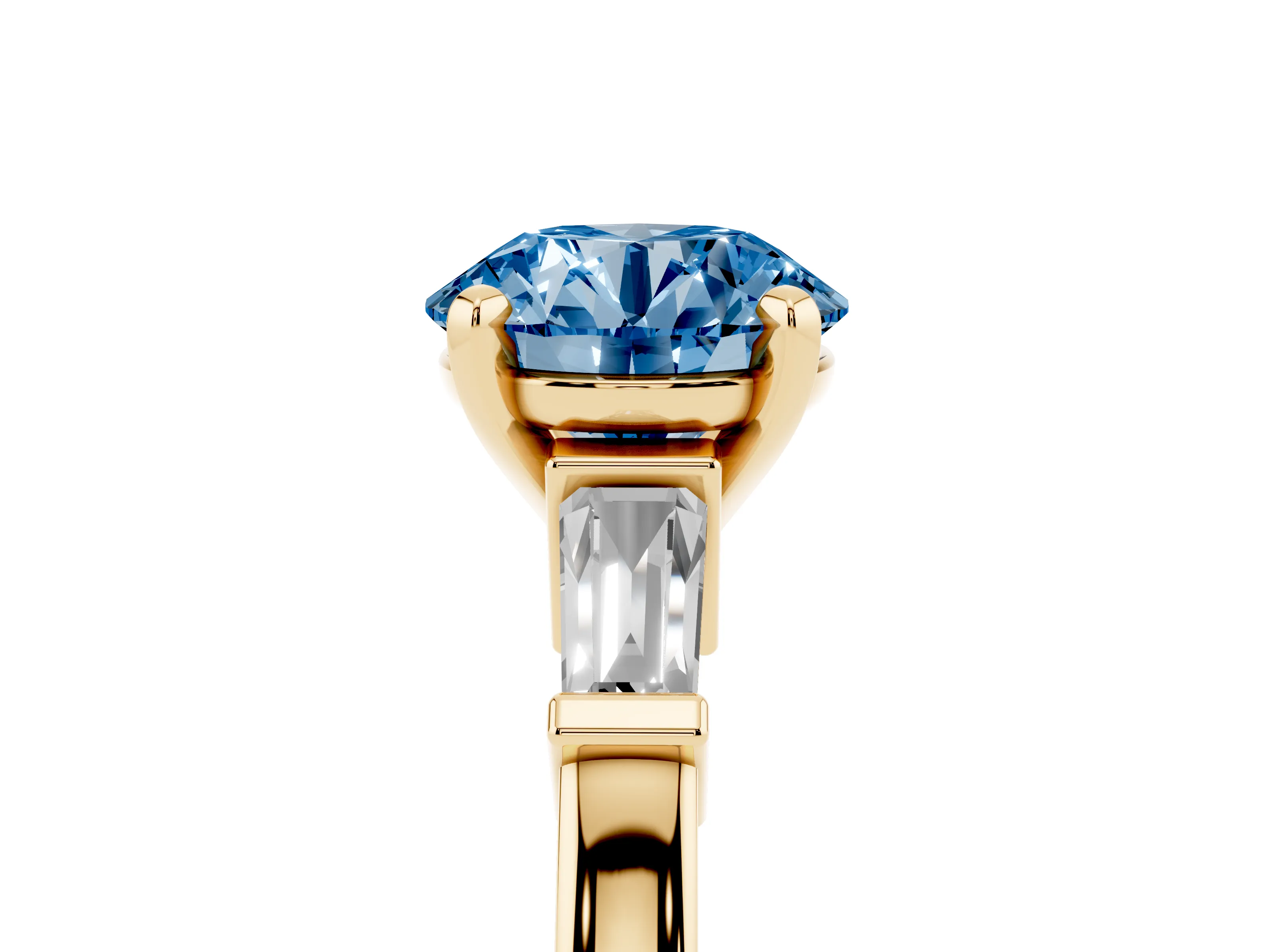 Fancy Blue Round Cut Diamond Solitaire Ring Set in Yellow gold with Tapered Baguette Accents and Prong Setting