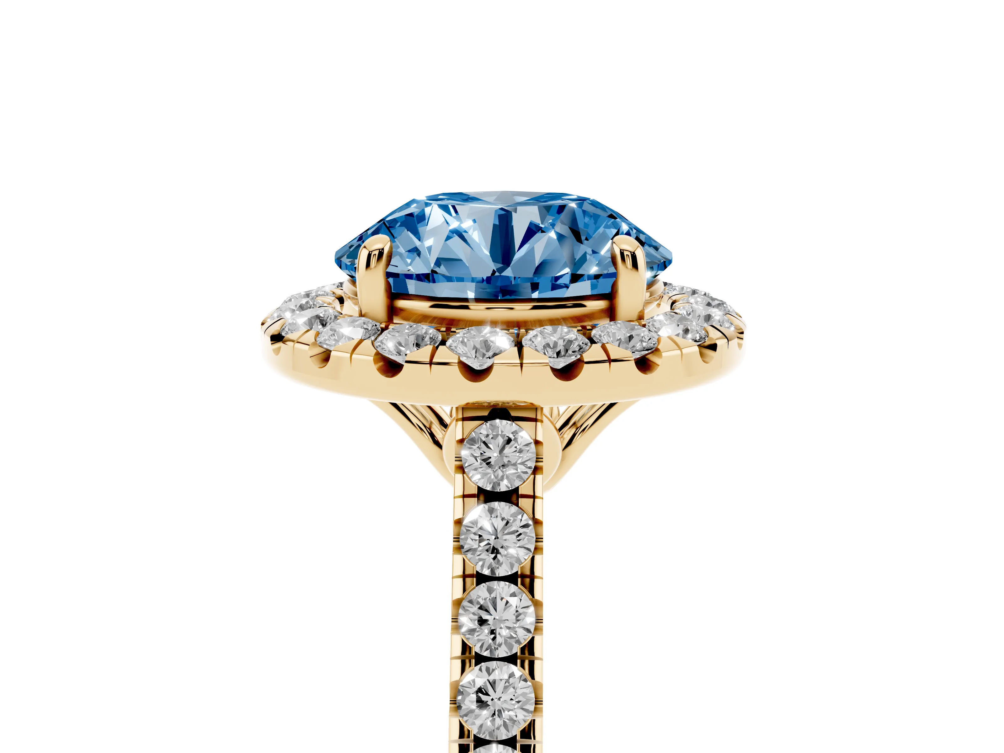 Fancy Blue Round Cut Diamond Pavé Halo Engagement Ring Set in Yellow gold with Pavé Band and Prong Setting