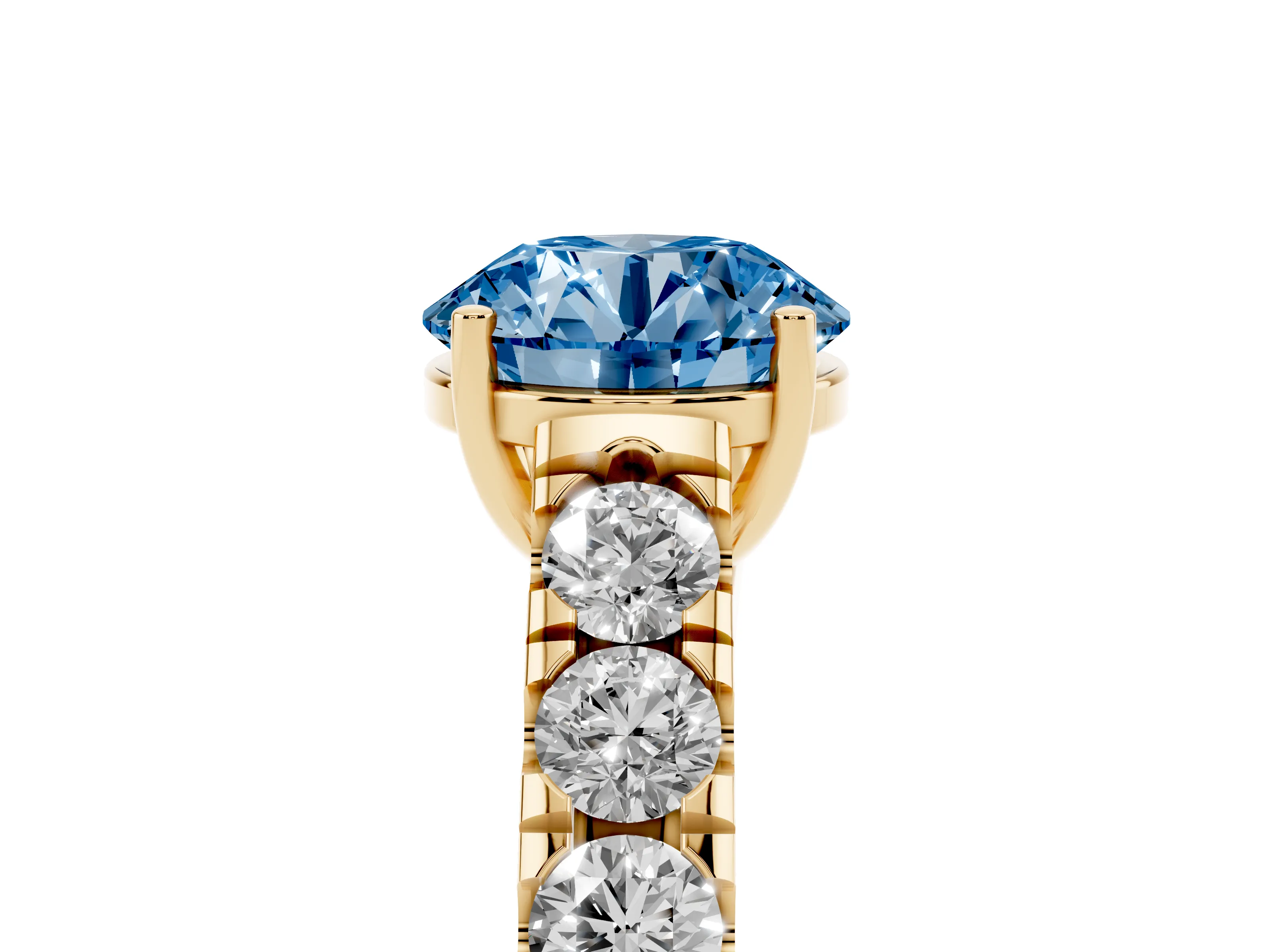Fancy Blue Round Cut Diamond Solitaire Ring Set in Yellow gold with Cut-Down Micro Pavé Band and Prong Setting
