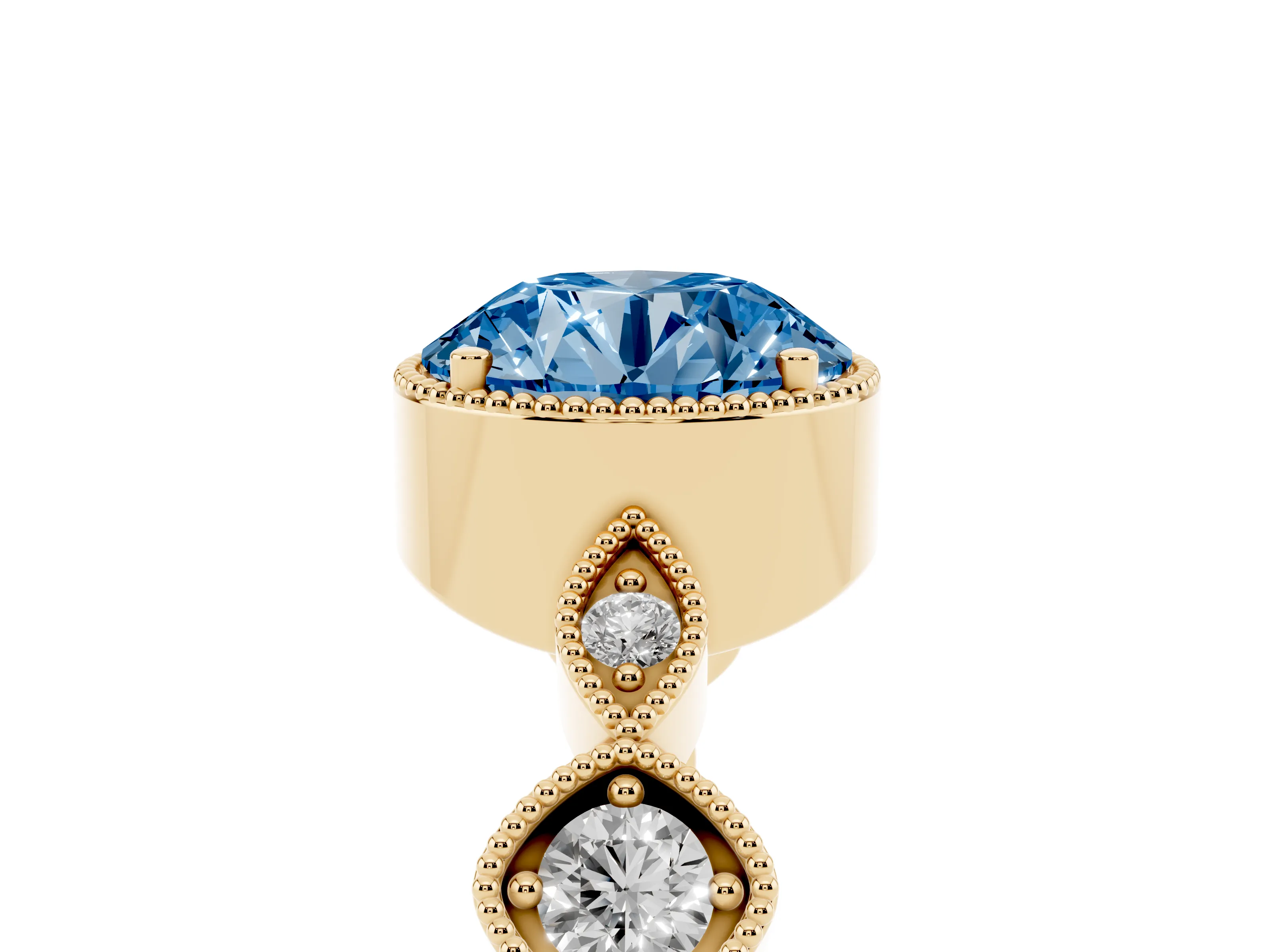 Fancy Blue Round Cut Diamond Vintage-Inspired Milgrain Ring Set in Yellow gold with Marquise Stations of Round Accents