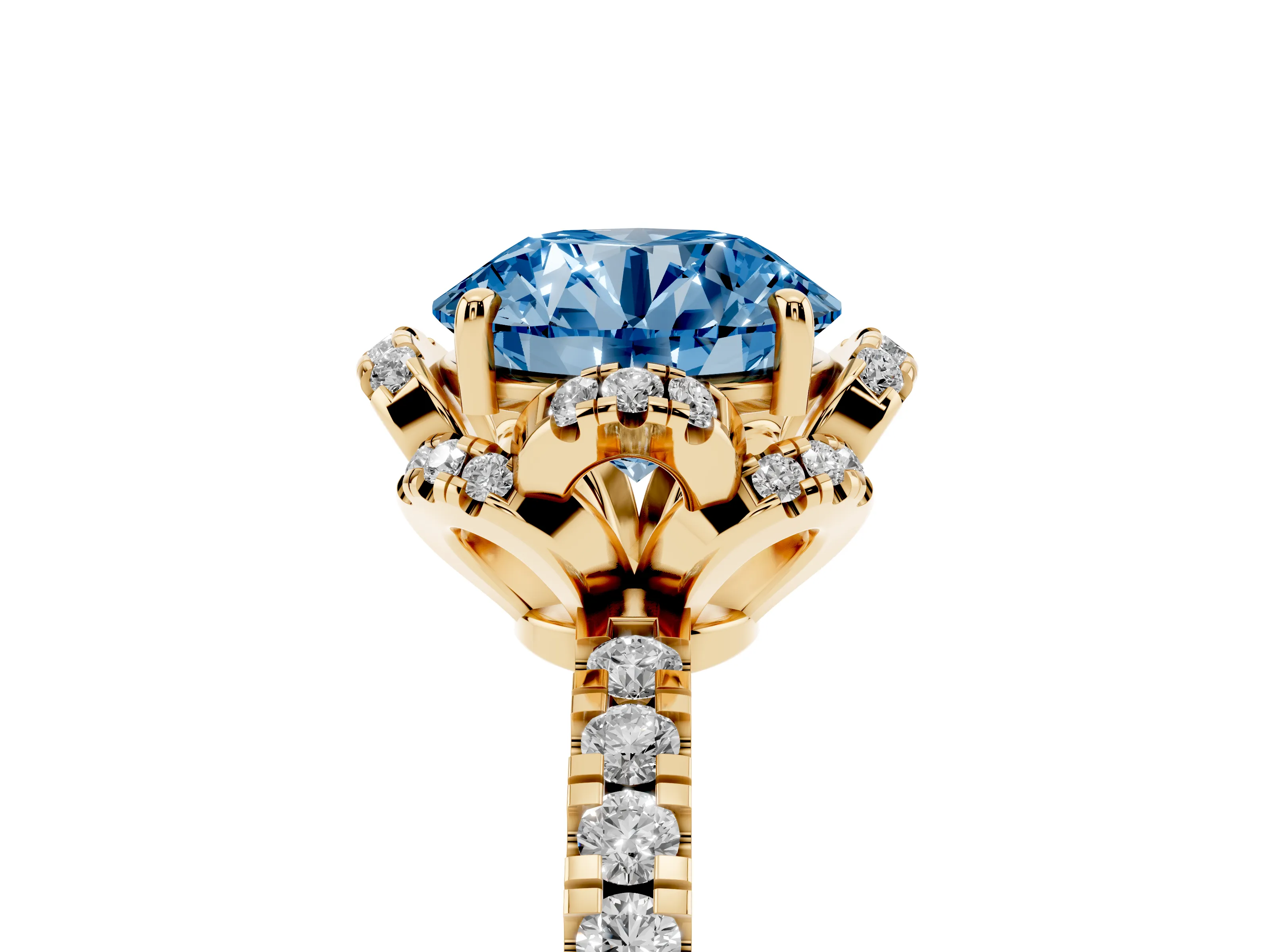 Fancy Blue Round Cut Diamond Halo Pavé Band Ring Set in Yellow gold with Prong-Held Center