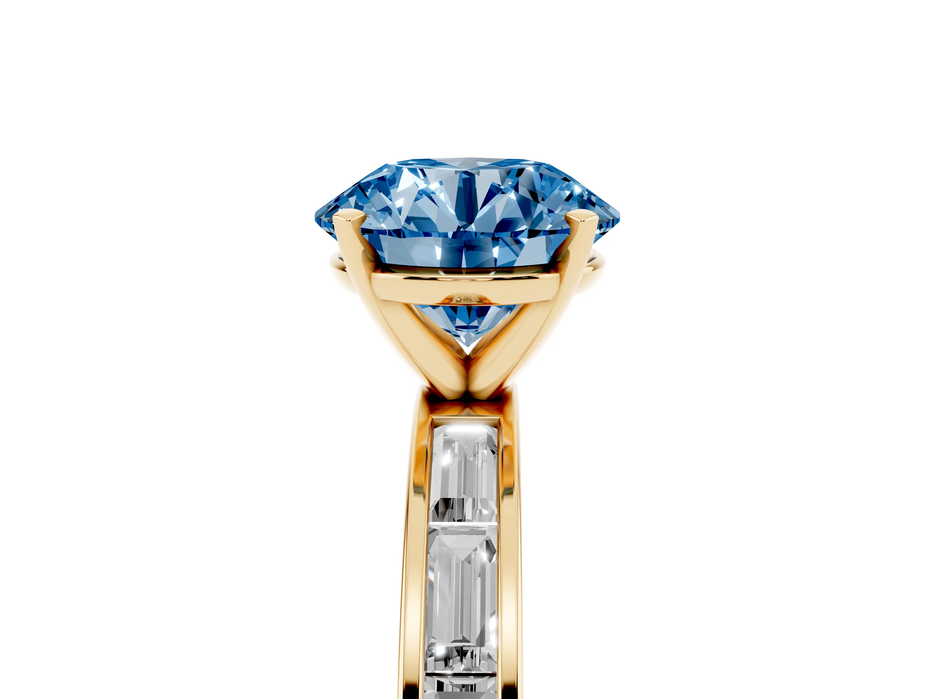 Fancy Blue Round Cut Diamond Solitaire Ring Set in Yellow gold with Channel-Set Baguette Band and Prong Setting