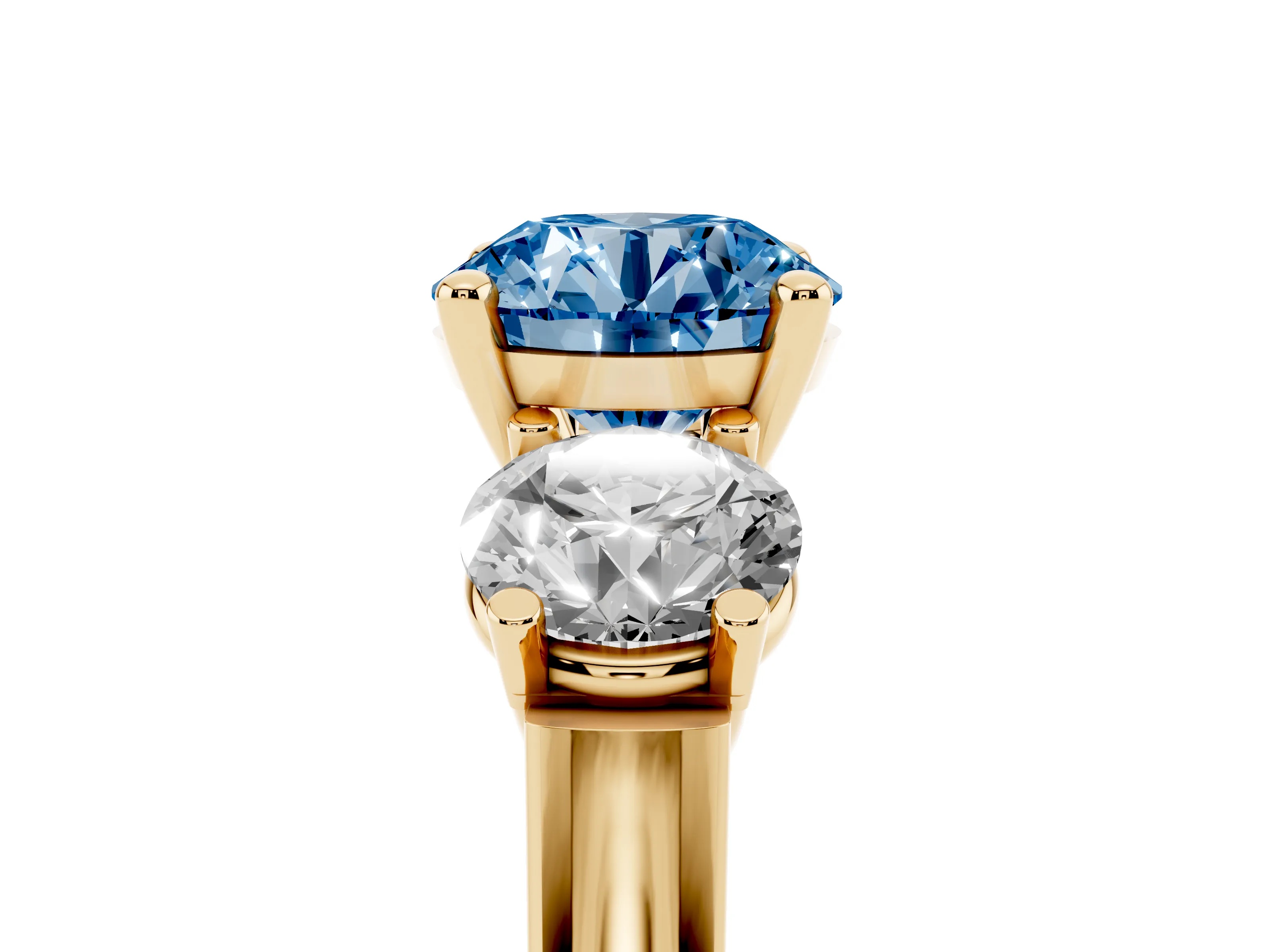 Fancy Blue Round Cut Diamond Three-Stone Trellis Ring Set in Yellow gold with Comfort Fit Band