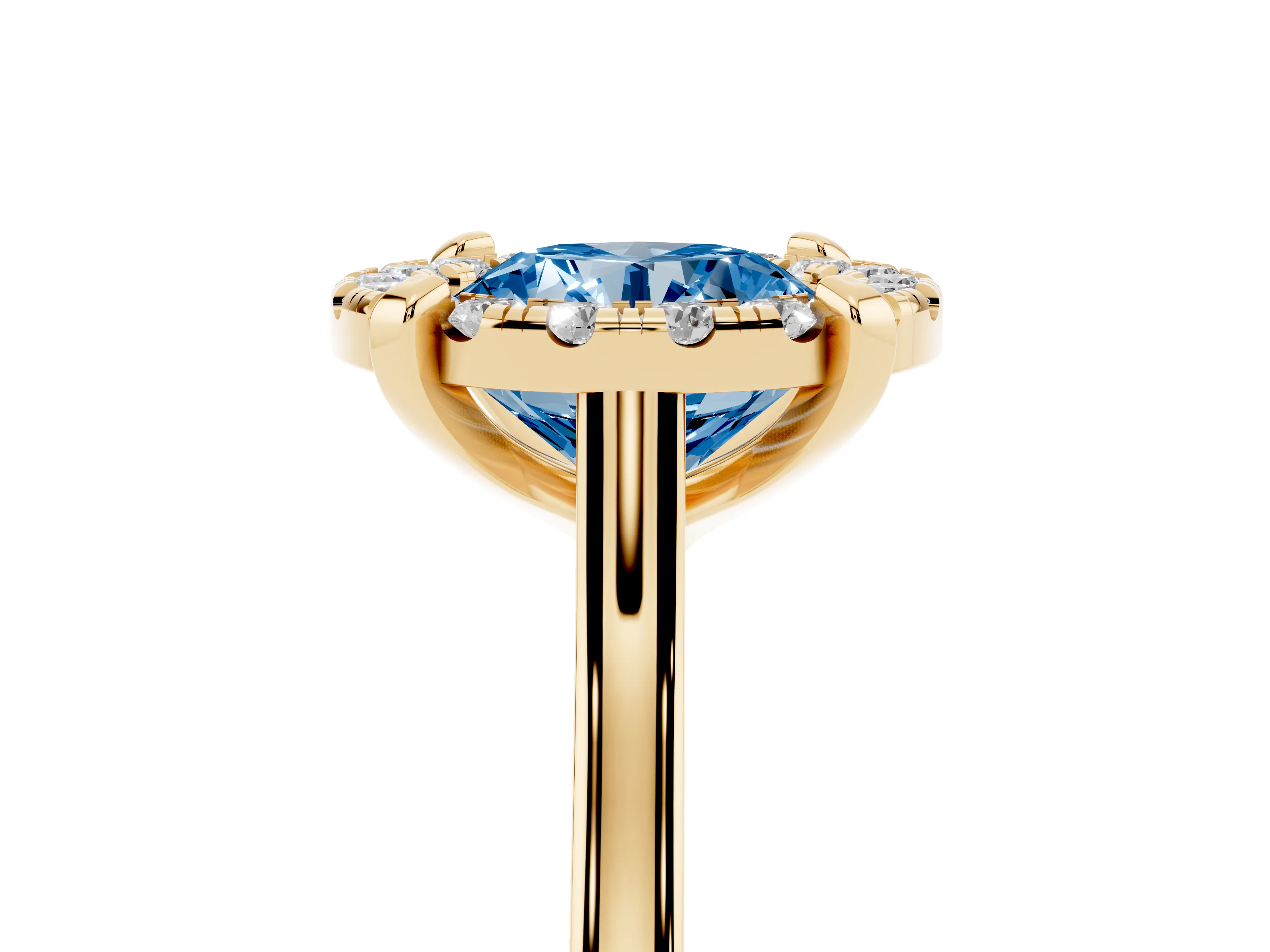 Fancy Blue Round Cut Diamond Cluster Halo Solitaire Ring Set in Yellow gold with Prong Setting