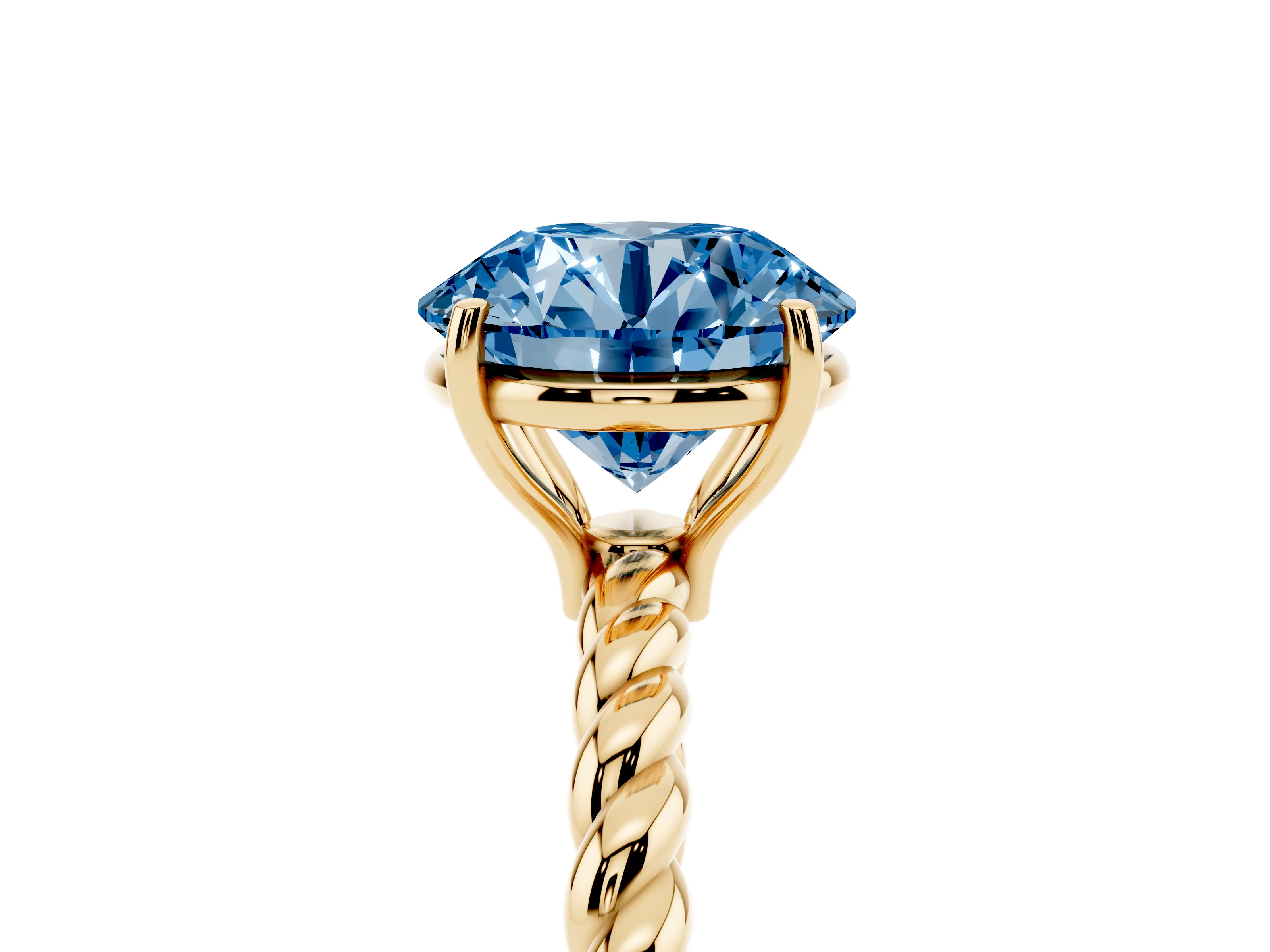 Fancy Blue Round Cut Diamond Solitaire Ring Set in Yellow gold with Twist Band and Prong Setting