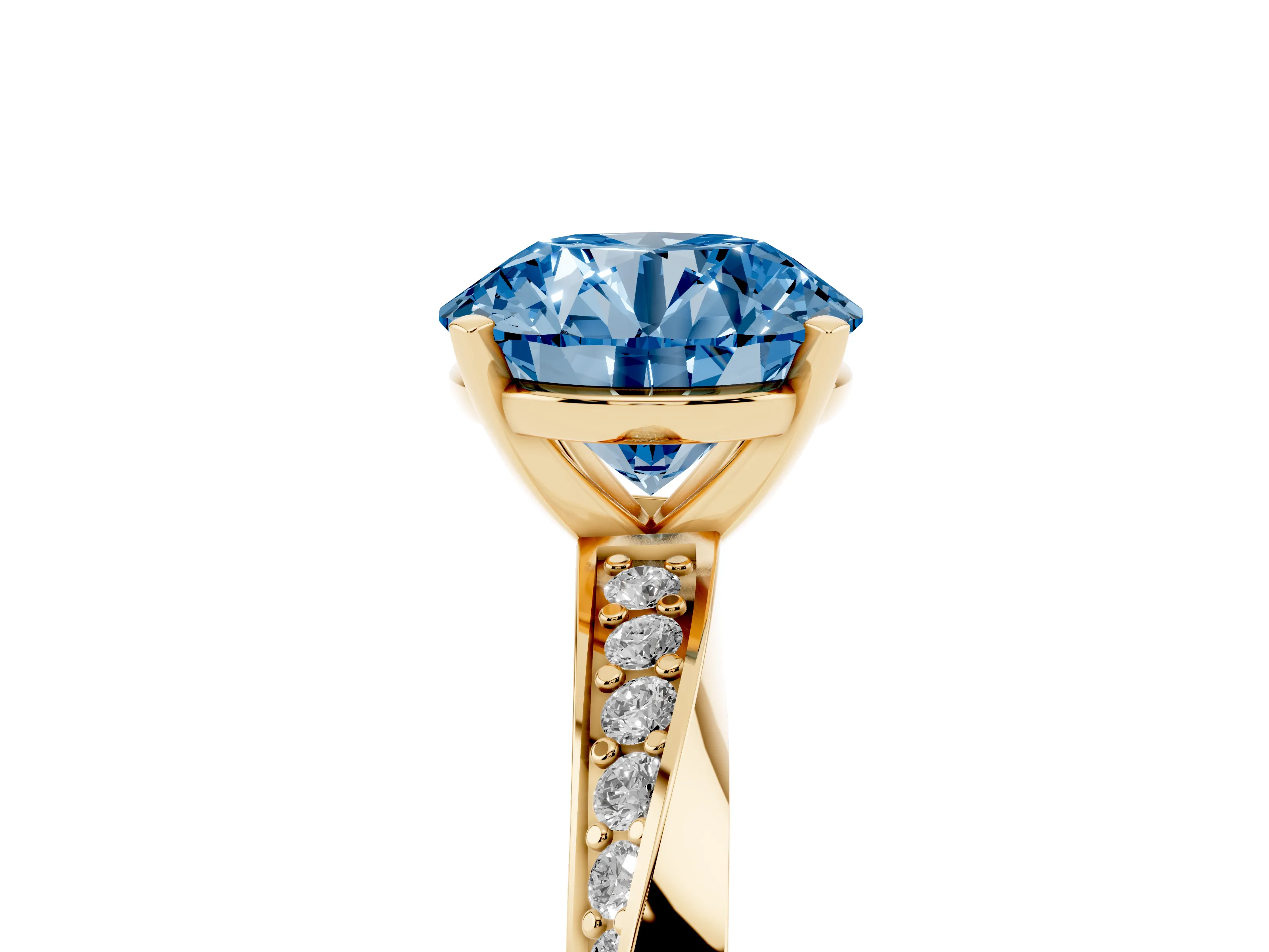 Fancy Blue Round Cut Diamond Engagement Ring Set in Yellow gold with Side Stone Accents and Prong Setting