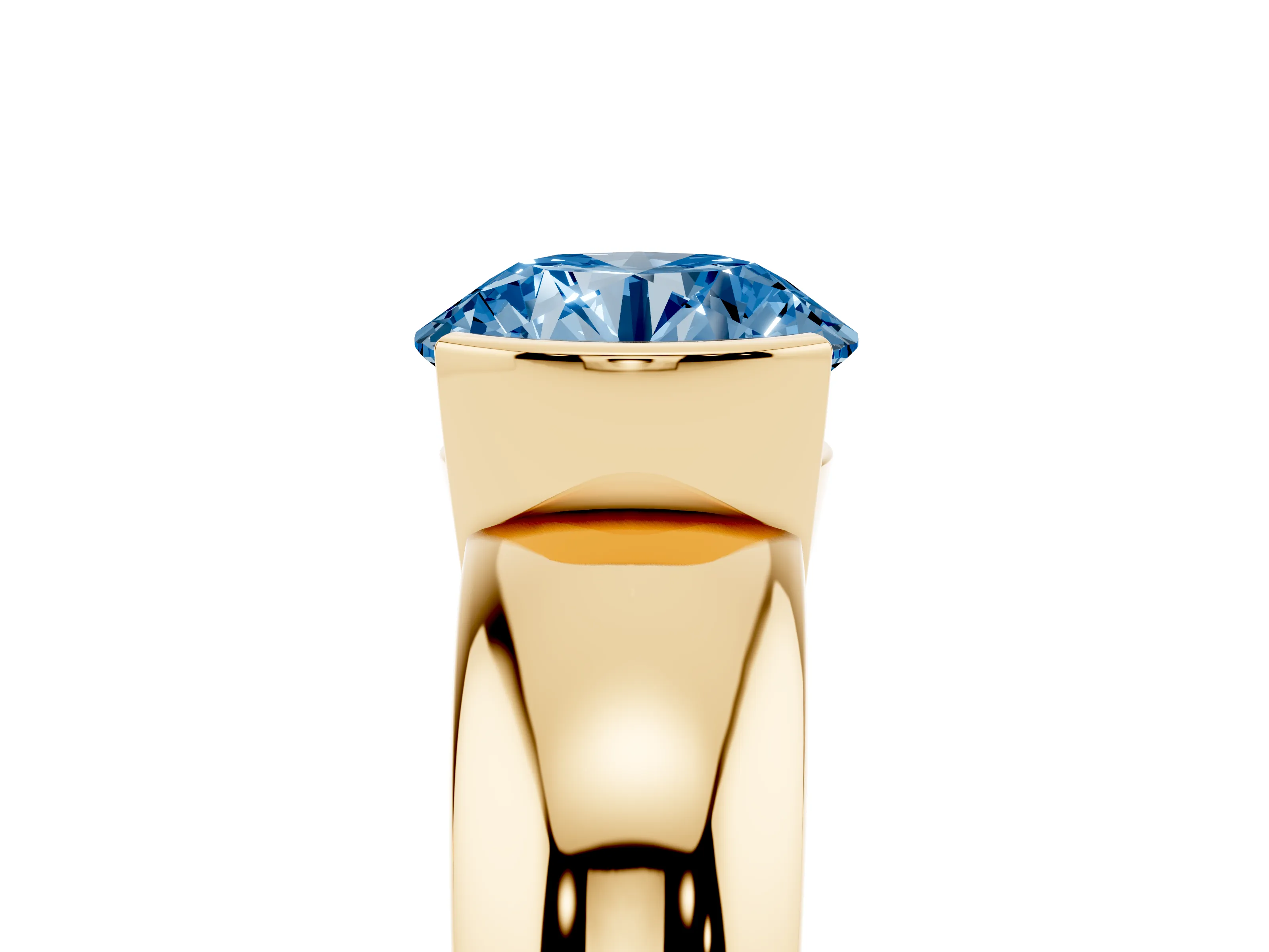 Fancy Blue Round Cut Diamond Solitaire Tension Set Ring Set in Yellow gold with Wide Band