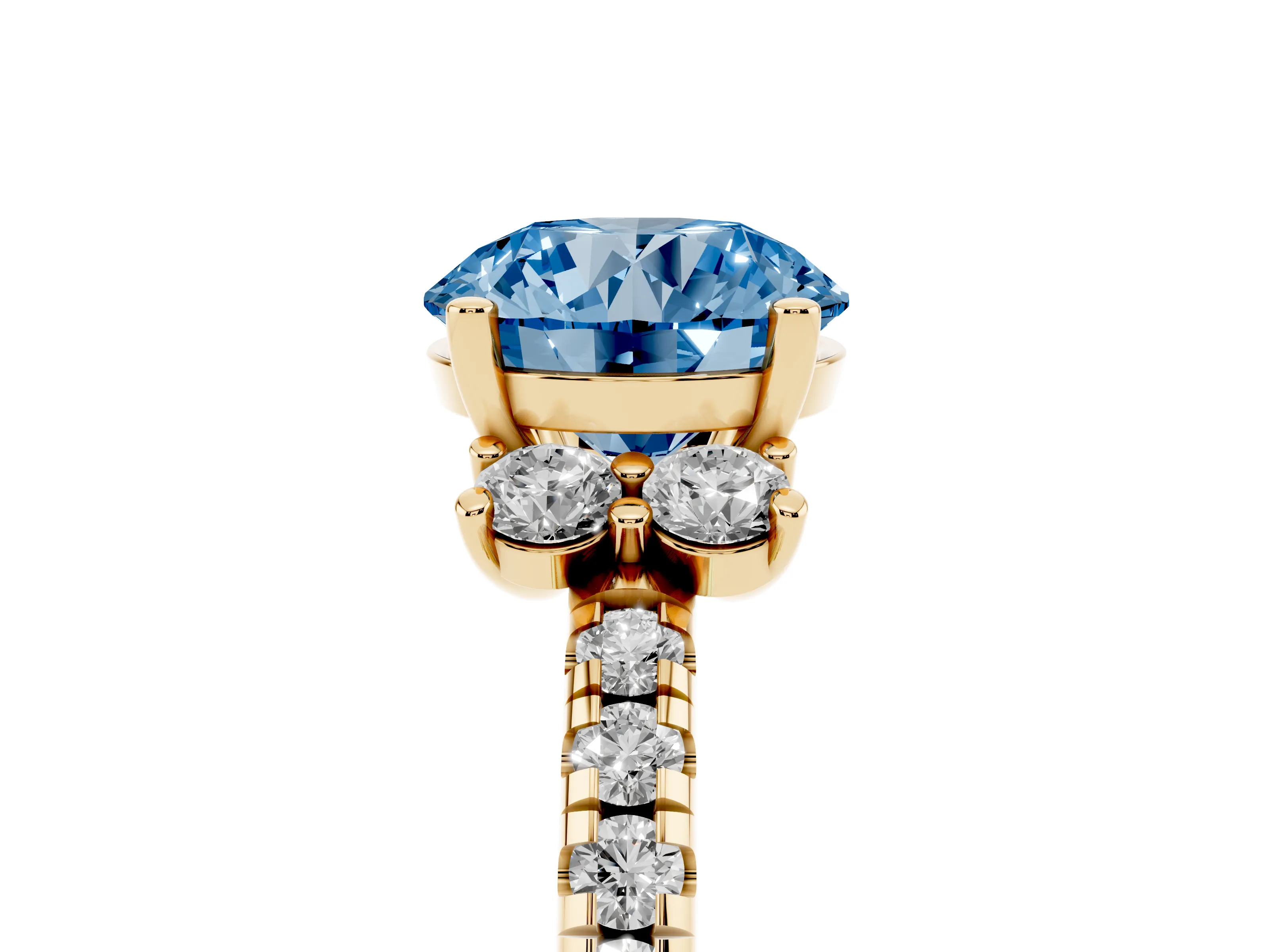 Fancy Blue Round Cut Diamond Three-Stone Pavé Ring Set in Yellow gold with Prong Setting