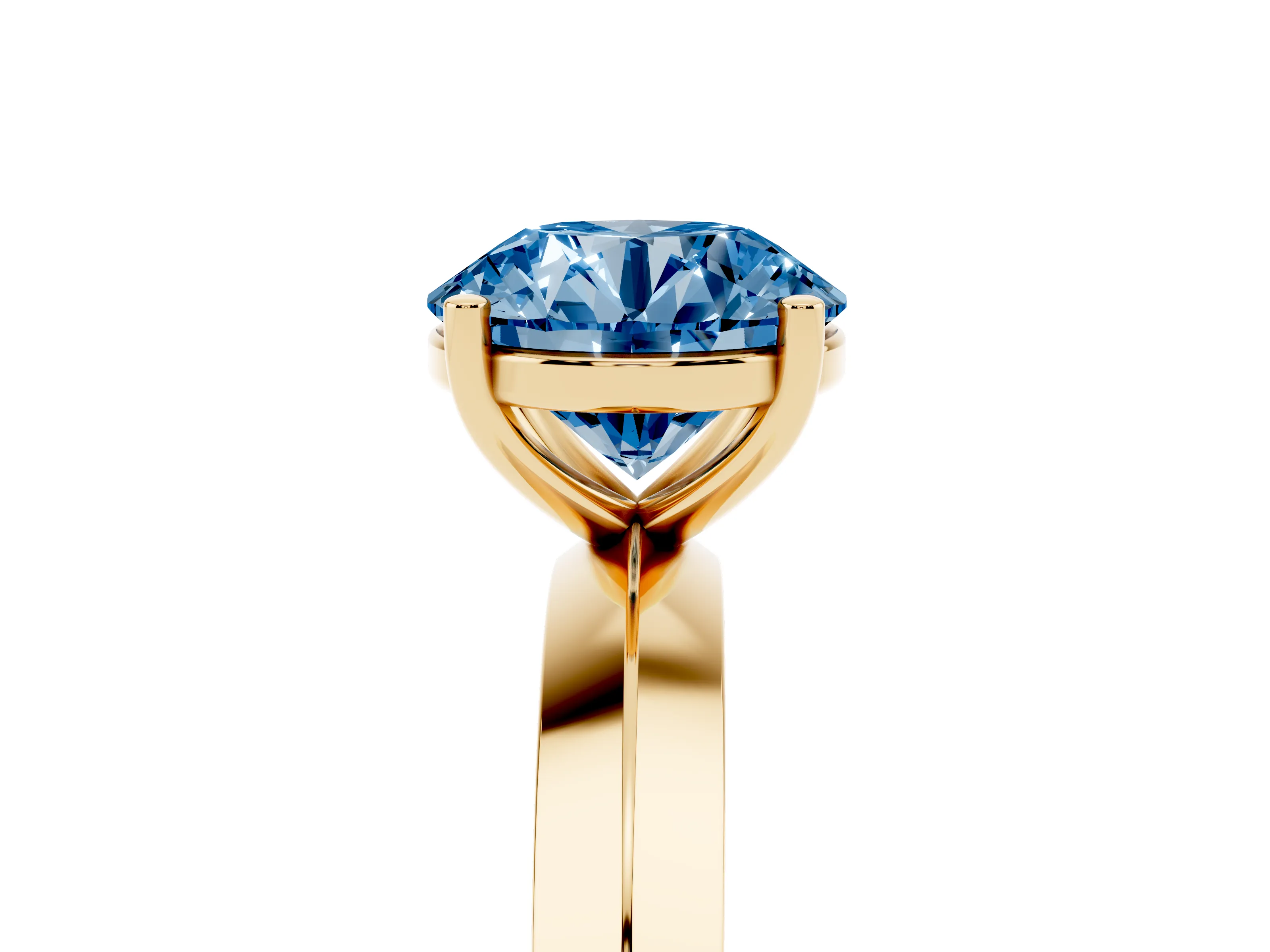 Fancy Blue Round Cut Diamond Solitaire Engagement Ring Set in Yellow gold with Flat Band and Prong Setting