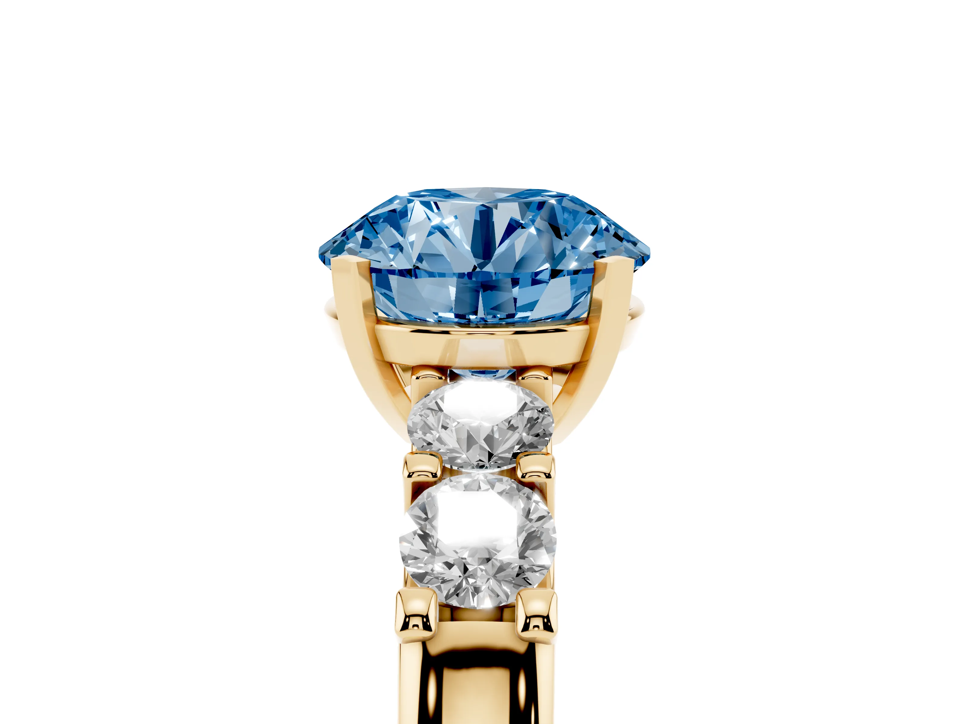 Fancy Blue Round Cut Diamond Five-Stone Prong Set Engagement Ring Set in Yellow gold with Channel Band